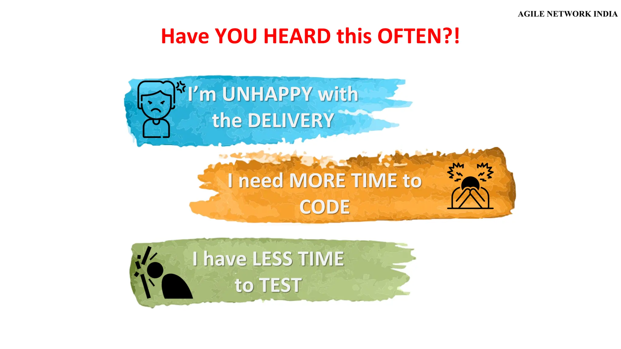 I’m UNHAPPY with
the DELIVERY
I need MORE TIME to
CODE
I have LESS TIME
to TEST
Have YOU HEARD this OFTEN?!
 