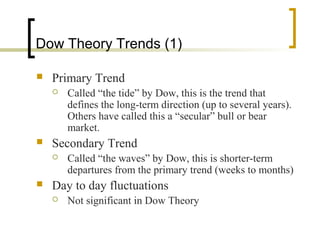 Dow Theory Trends (1)


Primary Trend




Secondary Trend




Called “the tide” by Dow, this is the trend that
defines the long-term direction (up to several years).
Others have called this a “secular” bull or bear
market.
Called “the waves” by Dow, this is shorter-term
departures from the primary trend (weeks to months)

Day to day fluctuations


Not significant in Dow Theory

 