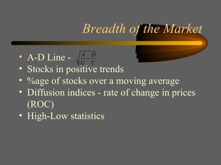 Breadth of the Market A-D Line -  Stocks in positive trends %age of stocks over a moving average Diffusion indices - rate of change in prices (ROC) High-Low statistics 