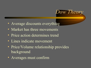 Dow Theory Average discounts everything Market has three movements Price action determines trend Lines indicate movement Price/Volume relationship provides background Averages must confirm 