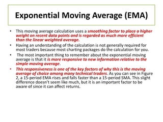 Exponential Moving Average (EMA)
• This moving average calculation uses a smoothing factor to place a higher
weight on recent data points and is regarded as much more efficient
than the linear weighted average.
• Having an understanding of the calculation is not generally required for
most traders because most charting packages do the calculation for you.
• The most important thing to remember about the exponential moving
average is that it is more responsive to new information relative to the
simple moving average.
• This responsiveness is one of the key factors of why this is the moving
average of choice among many technical traders. As you can see in Figure
2, a 15-period EMA rises and falls faster than a 15-period SMA. This slight
difference doesn’t seem like much, but it is an important factor to be
aware of since it can affect returns.
 