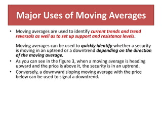 Major Uses of Moving Averages
• Moving averages are used to identify current trends and trend
reversals as well as to set up support and resistance levels.
Moving averages can be used to quickly identify whether a security
is moving in an uptrend or a downtrend depending on the direction
of the moving average.
• As you can see in the figure 3, when a moving average is heading
upward and the price is above it, the security is in an uptrend.
• Conversely, a downward sloping moving average with the price
below can be used to signal a downtrend.
 