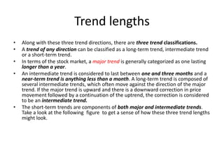 Trend lengths
• Along with these three trend directions, there are three trend classifications.
• A trend of any direction can be classified as a long-term trend, intermediate trend
or a short-term trend.
• In terms of the stock market, a major trend is generally categorized as one lasting
longer than a year.
• An intermediate trend is considered to last between one and three months and a
near-term trend is anything less than a month. A long-term trend is composed of
several intermediate trends, which often move against the direction of the major
trend. If the major trend is upward and there is a downward correction in price
movement followed by a continuation of the uptrend, the correction is considered
to be an intermediate trend.
• The short-term trends are components of both major and intermediate trends.
Take a look at the following figure to get a sense of how these three trend lengths
might look.
 