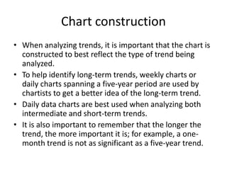 Chart construction
• When analyzing trends, it is important that the chart is
constructed to best reflect the type of trend being
analyzed.
• To help identify long-term trends, weekly charts or
daily charts spanning a five-year period are used by
chartists to get a better idea of the long-term trend.
• Daily data charts are best used when analyzing both
intermediate and short-term trends.
• It is also important to remember that the longer the
trend, the more important it is; for example, a one-
month trend is not as significant as a five-year trend.
 