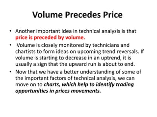Volume Precedes Price
• Another important idea in technical analysis is that
price is preceded by volume.
• Volume is closely monitored by technicians and
chartists to form ideas on upcoming trend reversals. If
volume is starting to decrease in an uptrend, it is
usually a sign that the upward run is about to end.
• Now that we have a better understanding of some of
the important factors of technical analysis, we can
move on to charts, which help to identify trading
opportunities in prices movements.
 