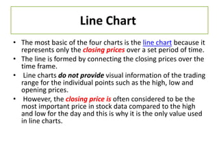 Line Chart
• The most basic of the four charts is the line chart because it
represents only the closing prices over a set period of time.
• The line is formed by connecting the closing prices over the
time frame.
• Line charts do not provide visual information of the trading
range for the individual points such as the high, low and
opening prices.
• However, the closing price is often considered to be the
most important price in stock data compared to the high
and low for the day and this is why it is the only value used
in line charts.
 