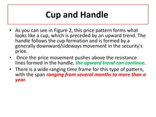 Cup and Handle
• As you can see in Figure 2, this price pattern forms what
looks like a cup, which is preceded by an upward trend. The
handle follows the cup formation and is formed by a
generally downward/sideways movement in the security's
price.
• Once the price movement pushes above the resistance
lines formed in the handle, the upward trend can continue.
• There is a wide ranging time frame for this type of pattern,
with the span ranging from several months to more than a
year.
 