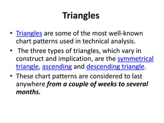 Triangles
• Triangles are some of the most well-known
chart patterns used in technical analysis.
• The three types of triangles, which vary in
construct and implication, are the symmetrical
triangle, ascending and descending triangle.
• These chart patterns are considered to last
anywhere from a couple of weeks to several
months.
 