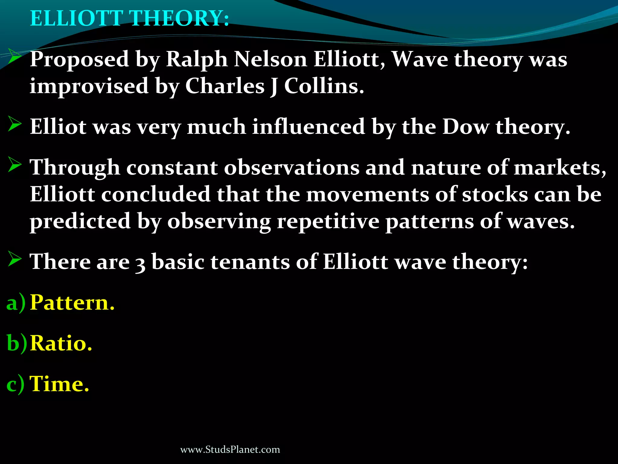 www.StudsPlanet.com
ELLIOTT THEORY:
 Proposed by Ralph Nelson Elliott, Wave theory was
improvised by Charles J Collins.
 Elliot was very much influenced by the Dow theory.
 Through constant observations and nature of markets,
Elliott concluded that the movements of stocks can be
predicted by observing repetitive patterns of waves.
 There are 3 basic tenants of Elliott wave theory:
a)Pattern.
b)Ratio.
c) Time.
 