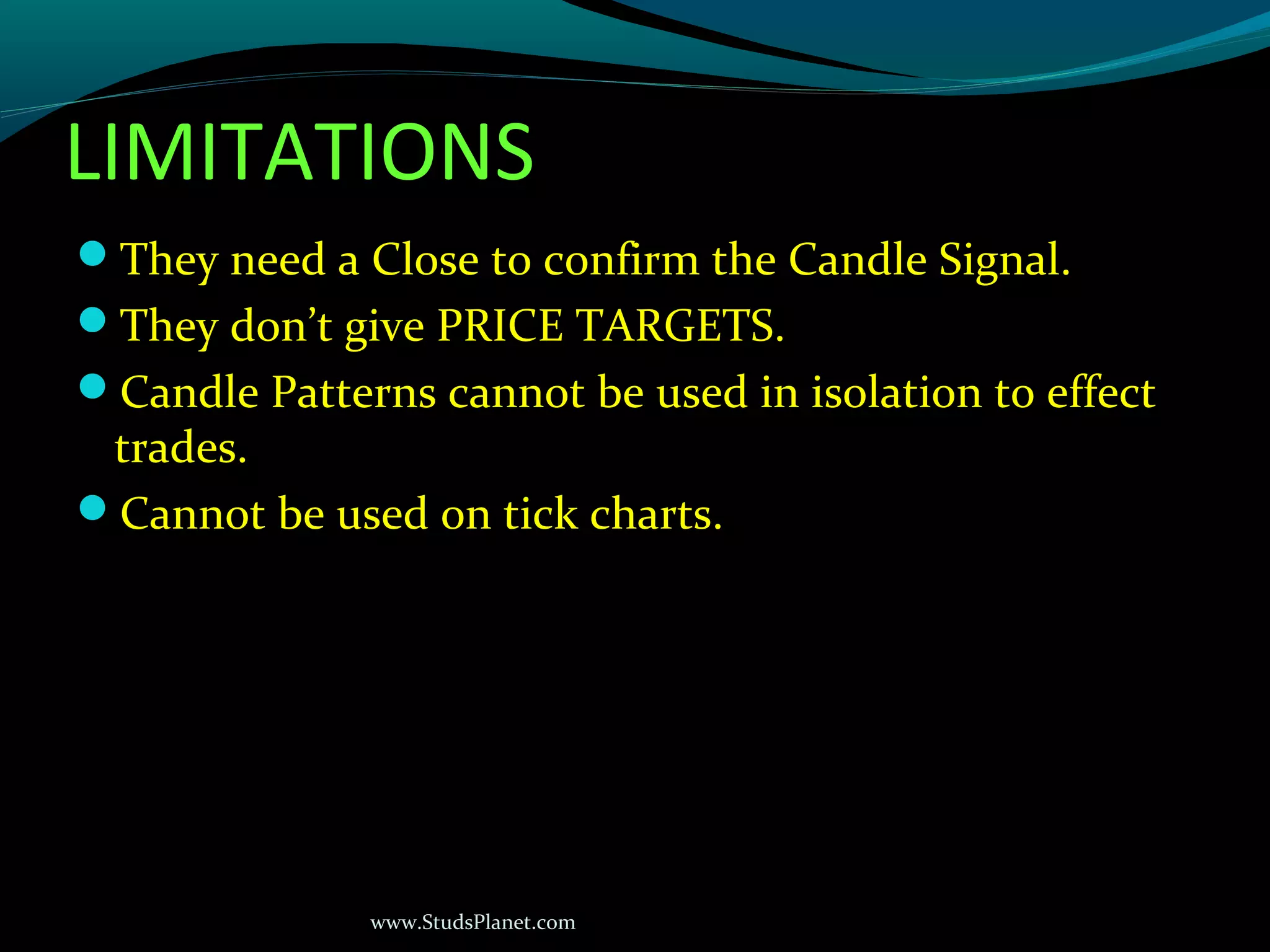 www.StudsPlanet.com
LIMITATIONS
They need a Close to confirm the Candle Signal.
They don’t give PRICE TARGETS.
Candle Patterns cannot be used in isolation to effect
trades.
Cannot be used on tick charts.
 