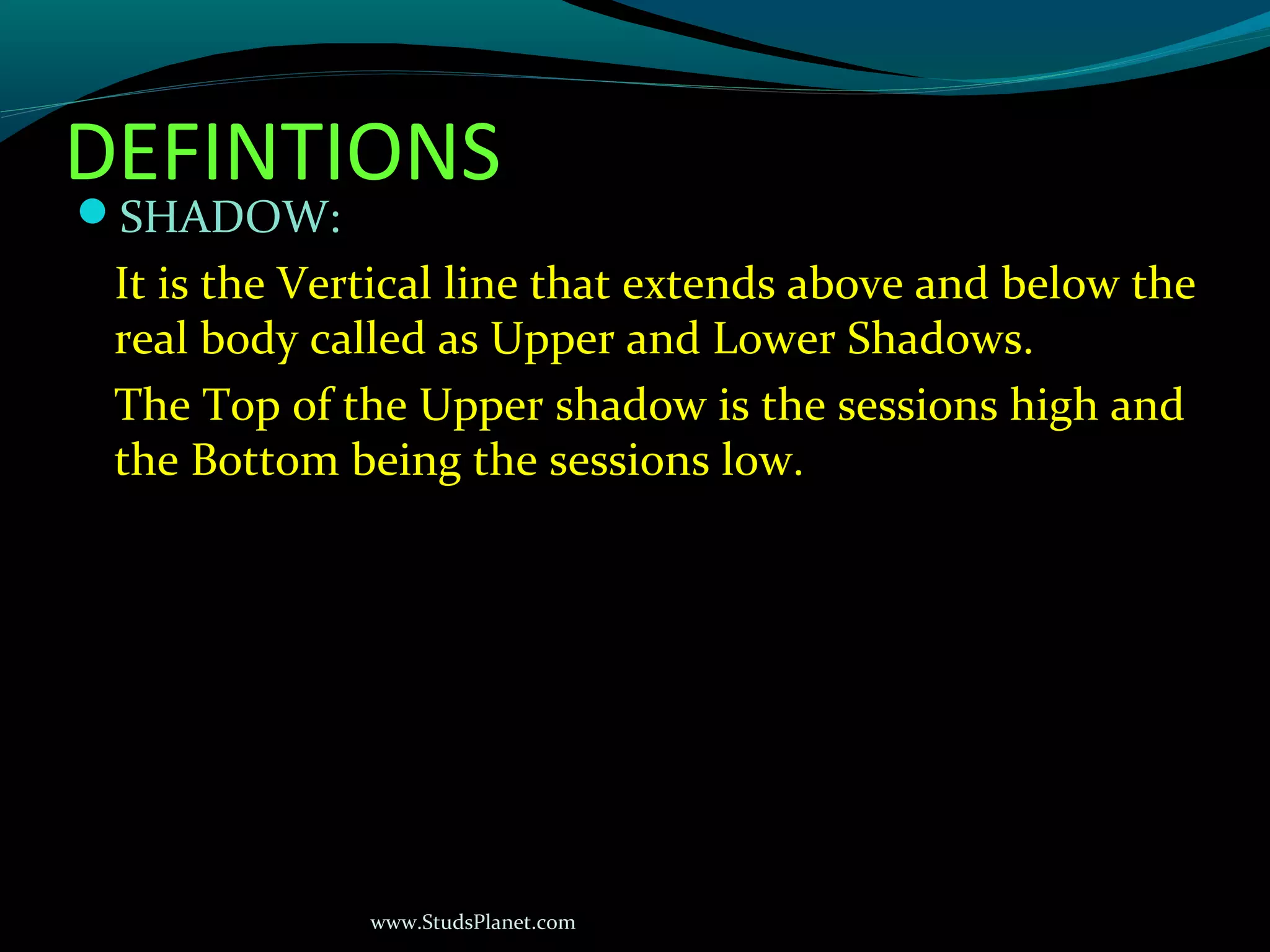 www.StudsPlanet.com
DEFINTIONS
SHADOW:
It is the Vertical line that extends above and below the
real body called as Upper and Lower Shadows.
The Top of the Upper shadow is the sessions high and
the Bottom being the sessions low.
 