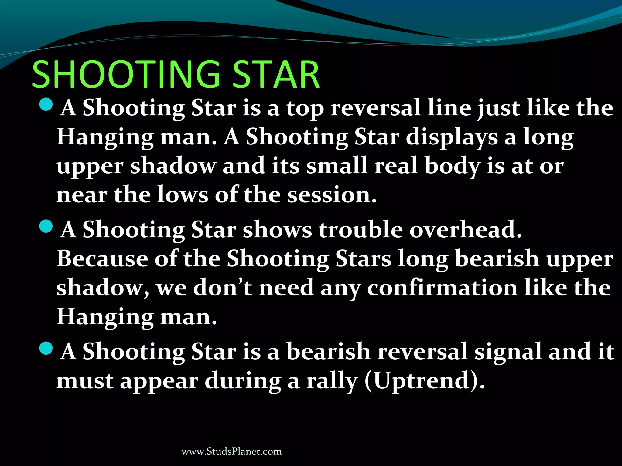 www.StudsPlanet.com
SHOOTING STAR
A Shooting Star is a top reversal line just like the
Hanging man. A Shooting Star displays a long
upper shadow and its small real body is at or
near the lows of the session.
A Shooting Star shows trouble overhead.
Because of the Shooting Stars long bearish upper
shadow, we don’t need any confirmation like the
Hanging man.
A Shooting Star is a bearish reversal signal and it
must appear during a rally (Uptrend).
 