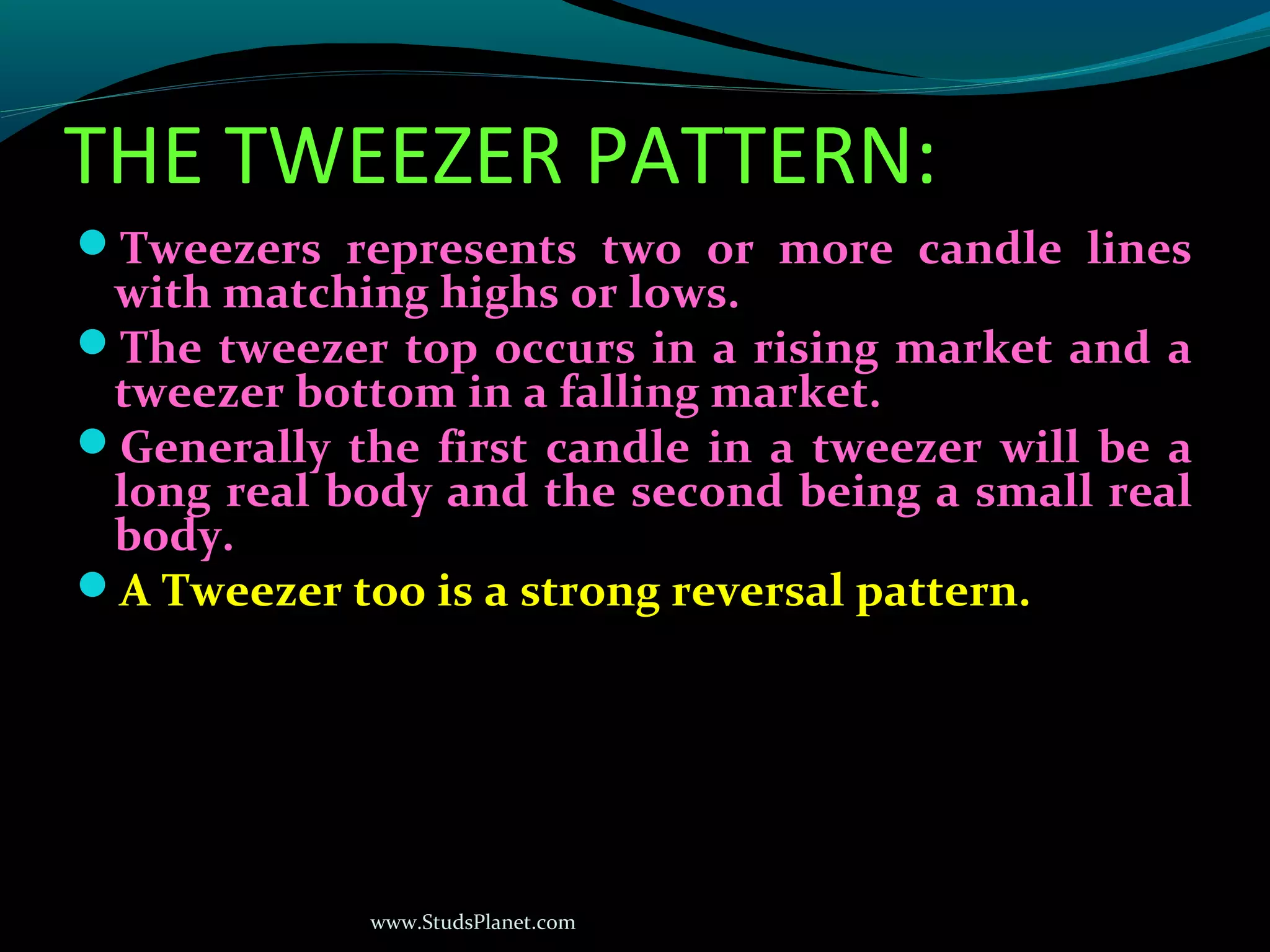 www.StudsPlanet.com
THE TWEEZER PATTERN:
Tweezers represents two or more candle lines
with matching highs or lows.
The tweezer top occurs in a rising market and a
tweezer bottom in a falling market.
Generally the first candle in a tweezer will be a
long real body and the second being a small real
body.
A Tweezer too is a strong reversal pattern.
 