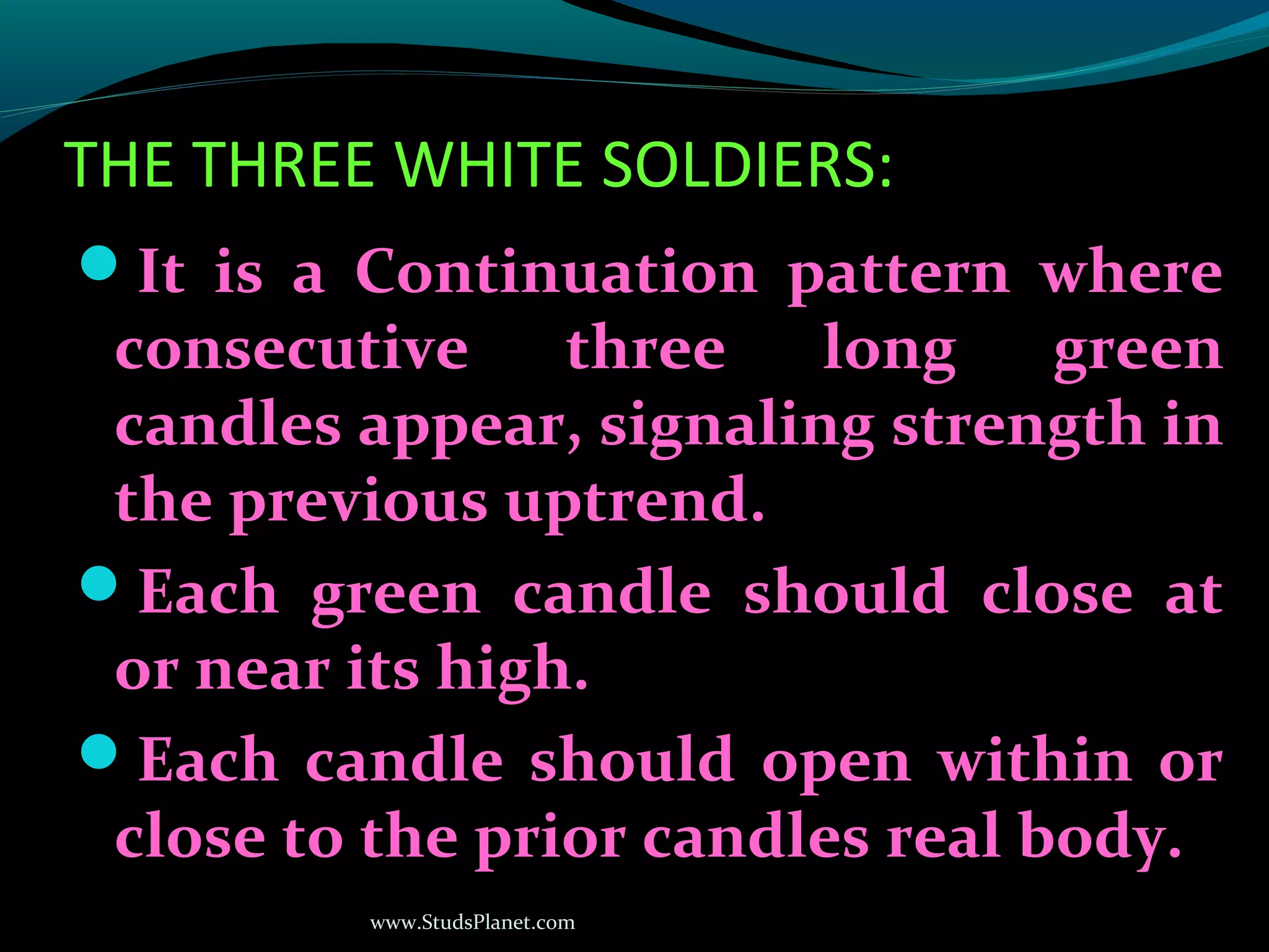 www.StudsPlanet.com
THE THREE WHITE SOLDIERS:
It is a Continuation pattern where
consecutive three long green
candles appear, signaling strength in
the previous uptrend.
Each green candle should close at
or near its high.
Each candle should open within or
close to the prior candles real body.
 