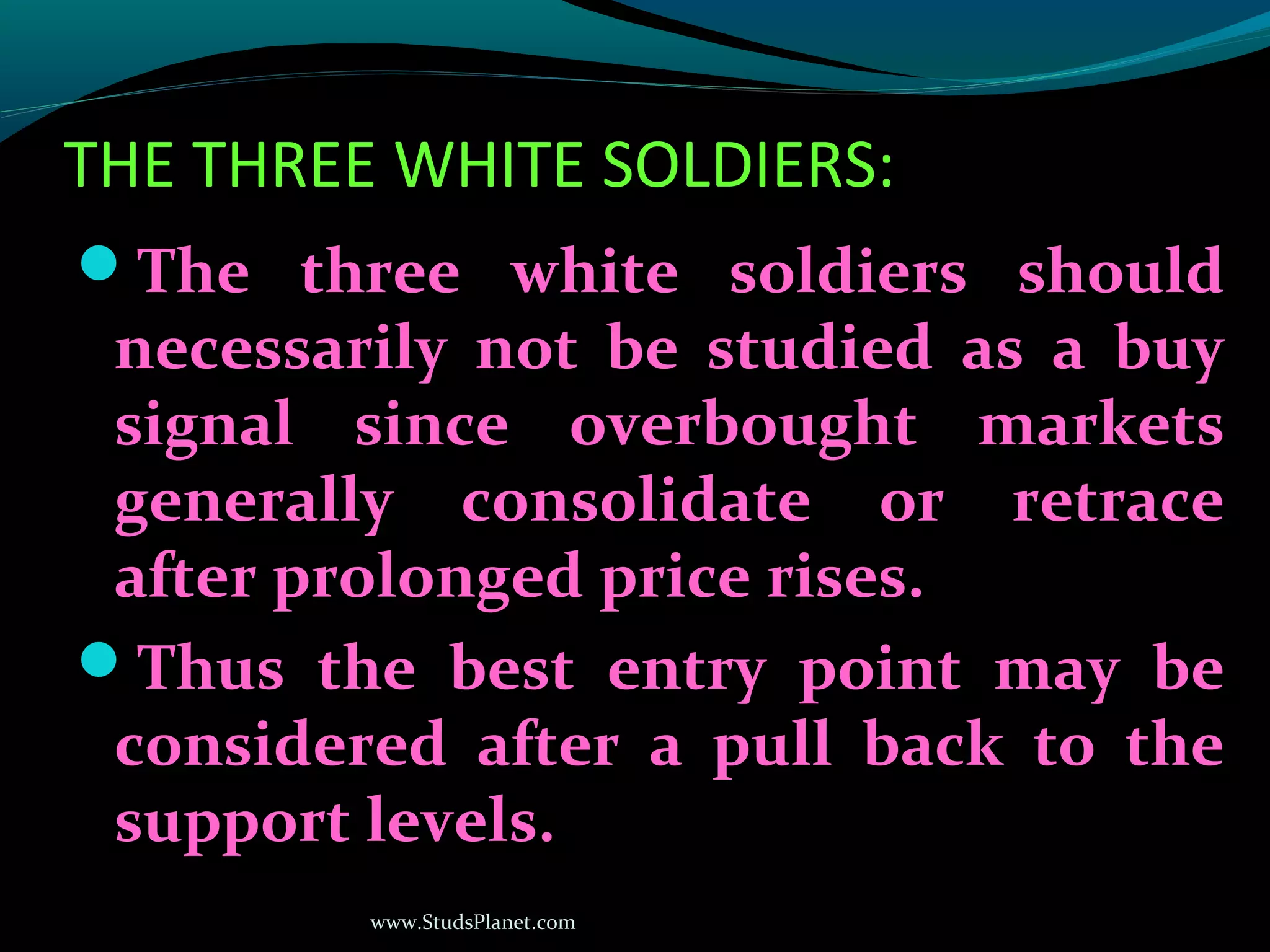 www.StudsPlanet.com
THE THREE WHITE SOLDIERS:
The three white soldiers should
necessarily not be studied as a buy
signal since overbought markets
generally consolidate or retrace
after prolonged price rises.
Thus the best entry point may be
considered after a pull back to the
support levels.
 