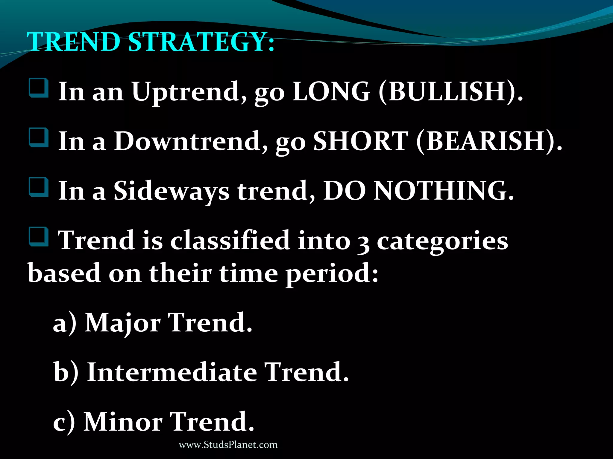 www.StudsPlanet.com
TREND STRATEGY:
 In an Uptrend, go LONG (BULLISH).
 In a Downtrend, go SHORT (BEARISH).
 In a Sideways trend, DO NOTHING.
 Trend is classified into 3 categories
based on their time period:
a) Major Trend.
b) Intermediate Trend.
c) Minor Trend.
 