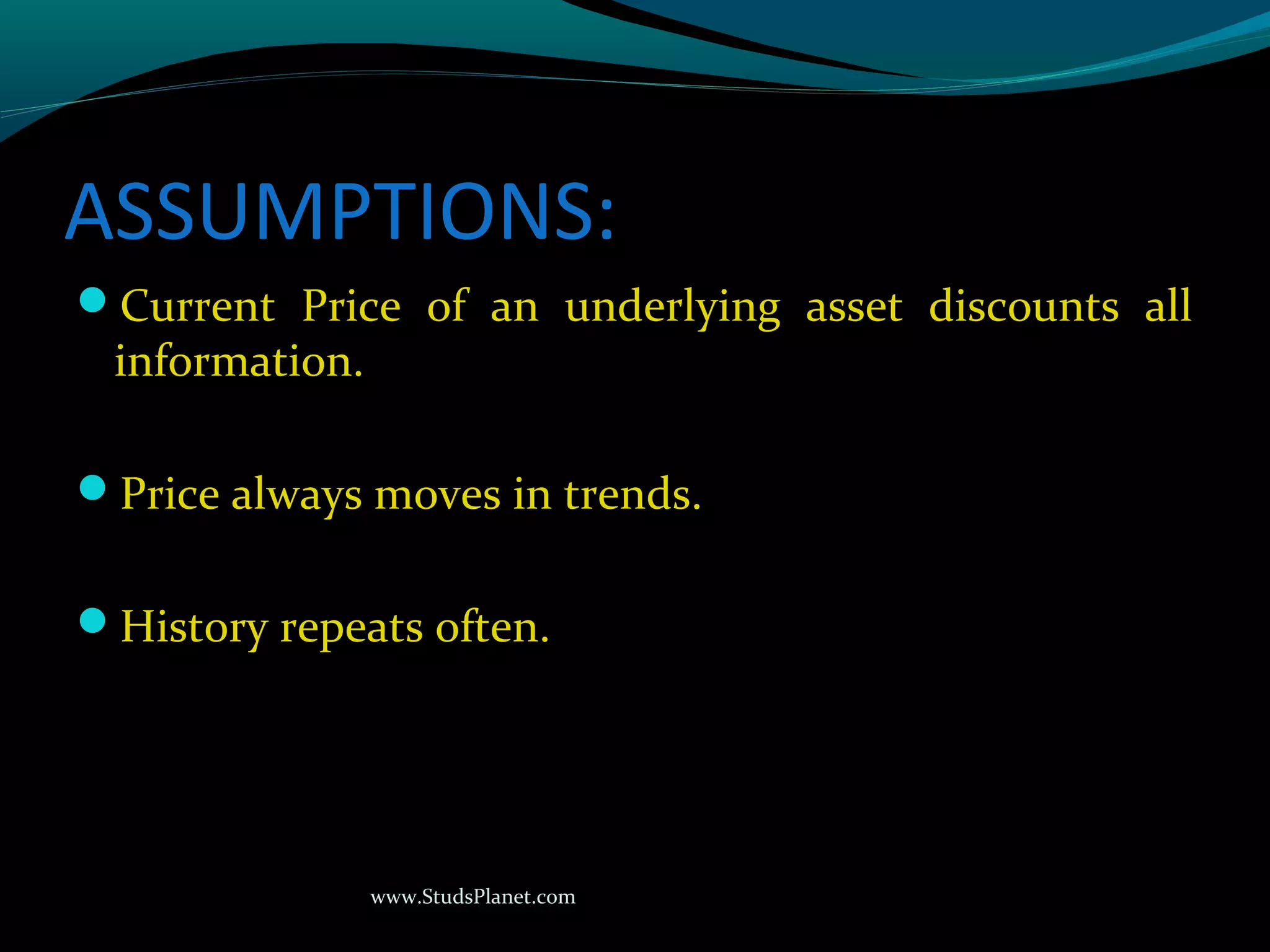 www.StudsPlanet.com
ASSUMPTIONS:
Current Price of an underlying asset discounts all
information.
Price always moves in trends.
History repeats often.
 