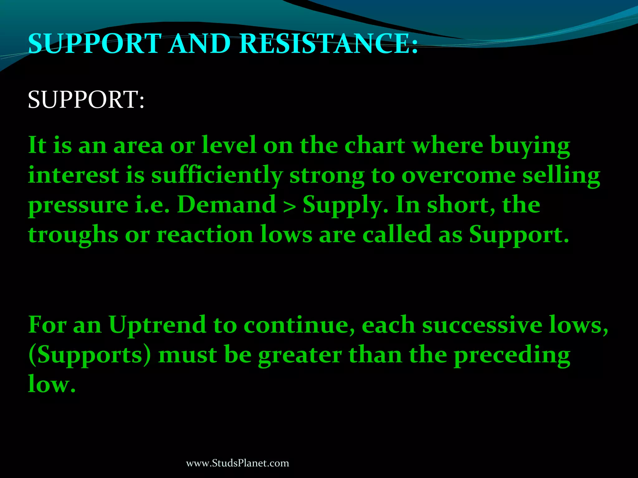 www.StudsPlanet.com
SUPPORT AND RESISTANCE:
SUPPORT:
It is an area or level on the chart where buying
interest is sufficiently strong to overcome selling
pressure i.e. Demand > Supply. In short, the
troughs or reaction lows are called as Support.
For an Uptrend to continue, each successive lows,
(Supports) must be greater than the preceding
low.
 