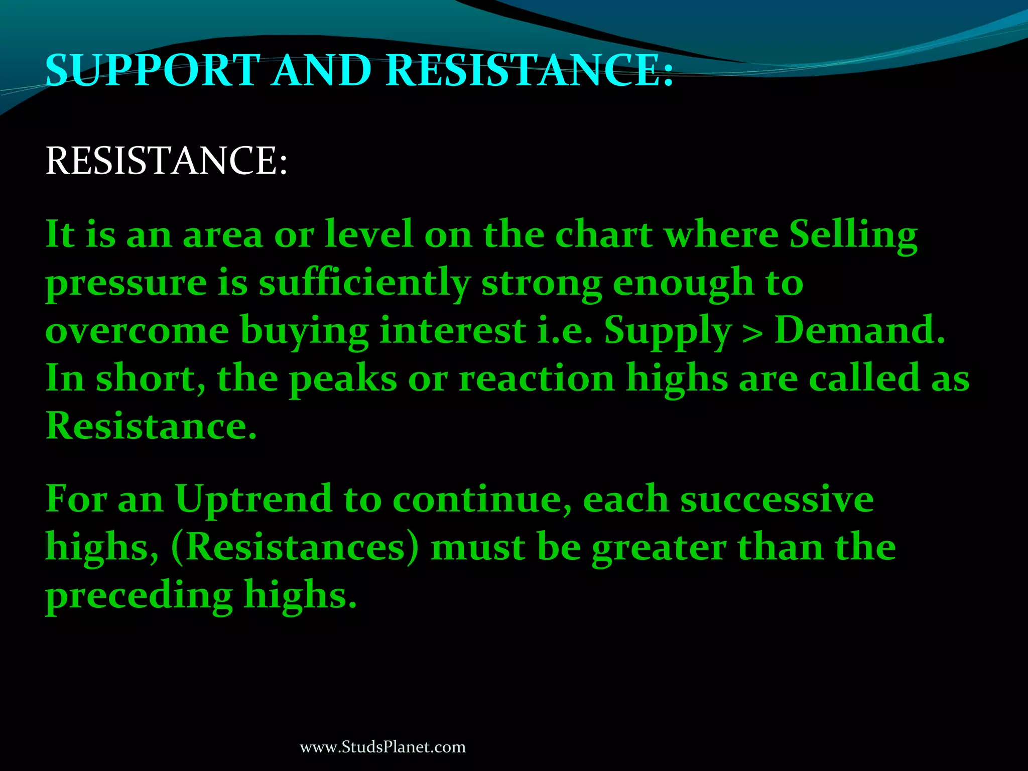 www.StudsPlanet.com
SUPPORT AND RESISTANCE:
RESISTANCE:
It is an area or level on the chart where Selling
pressure is sufficiently strong enough to
overcome buying interest i.e. Supply > Demand.
In short, the peaks or reaction highs are called as
Resistance.
For an Uptrend to continue, each successive
highs, (Resistances) must be greater than the
preceding highs.
 