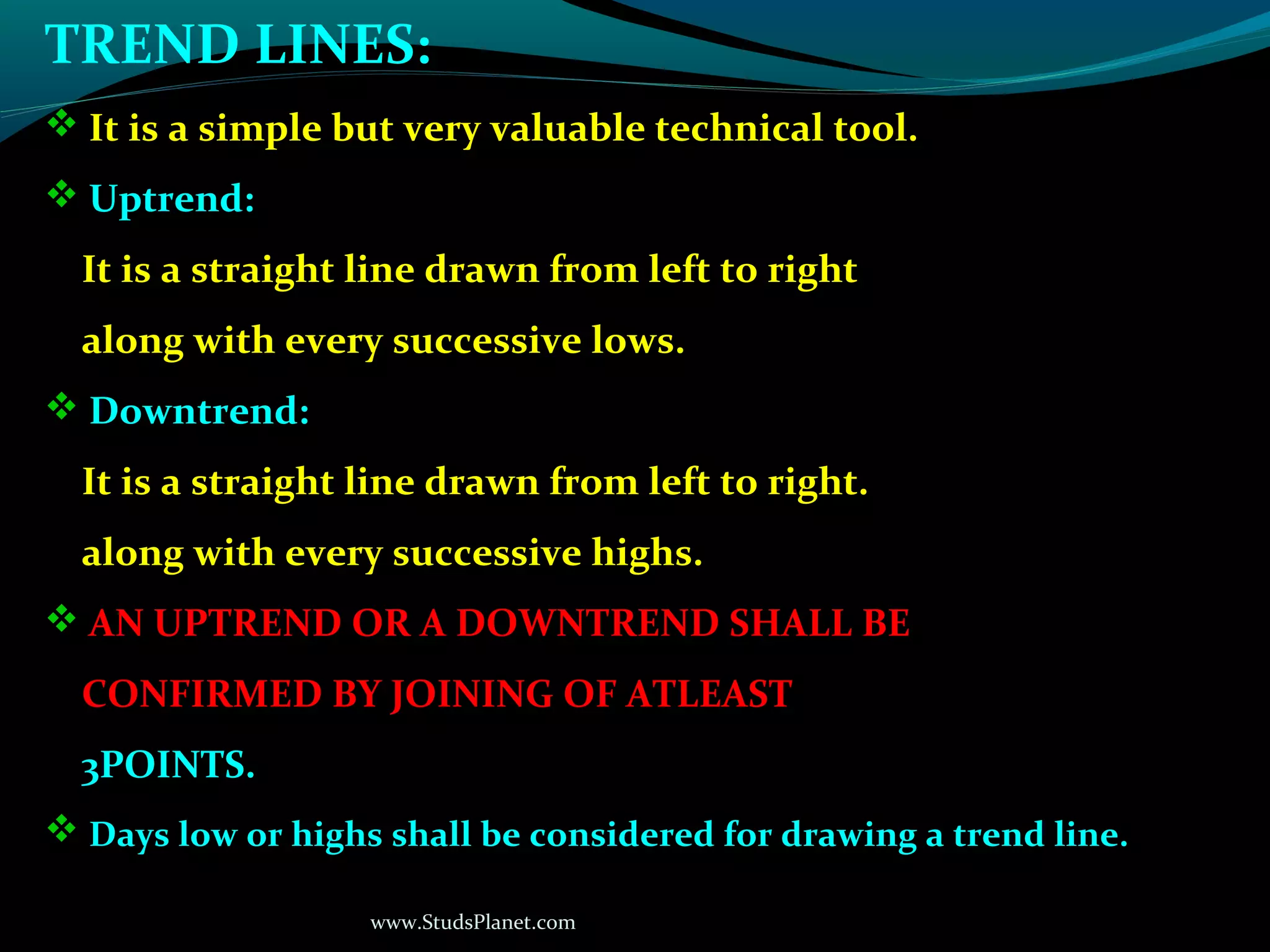 www.StudsPlanet.com
TREND LINES:
 It is a simple but very valuable technical tool.
 Uptrend:
It is a straight line drawn from left to right
along with every successive lows.
 Downtrend:
It is a straight line drawn from left to right.
along with every successive highs.
 AN UPTREND OR A DOWNTREND SHALL BE
CONFIRMED BY JOINING OF ATLEAST
3POINTS.
 Days low or highs shall be considered for drawing a trend line.
 