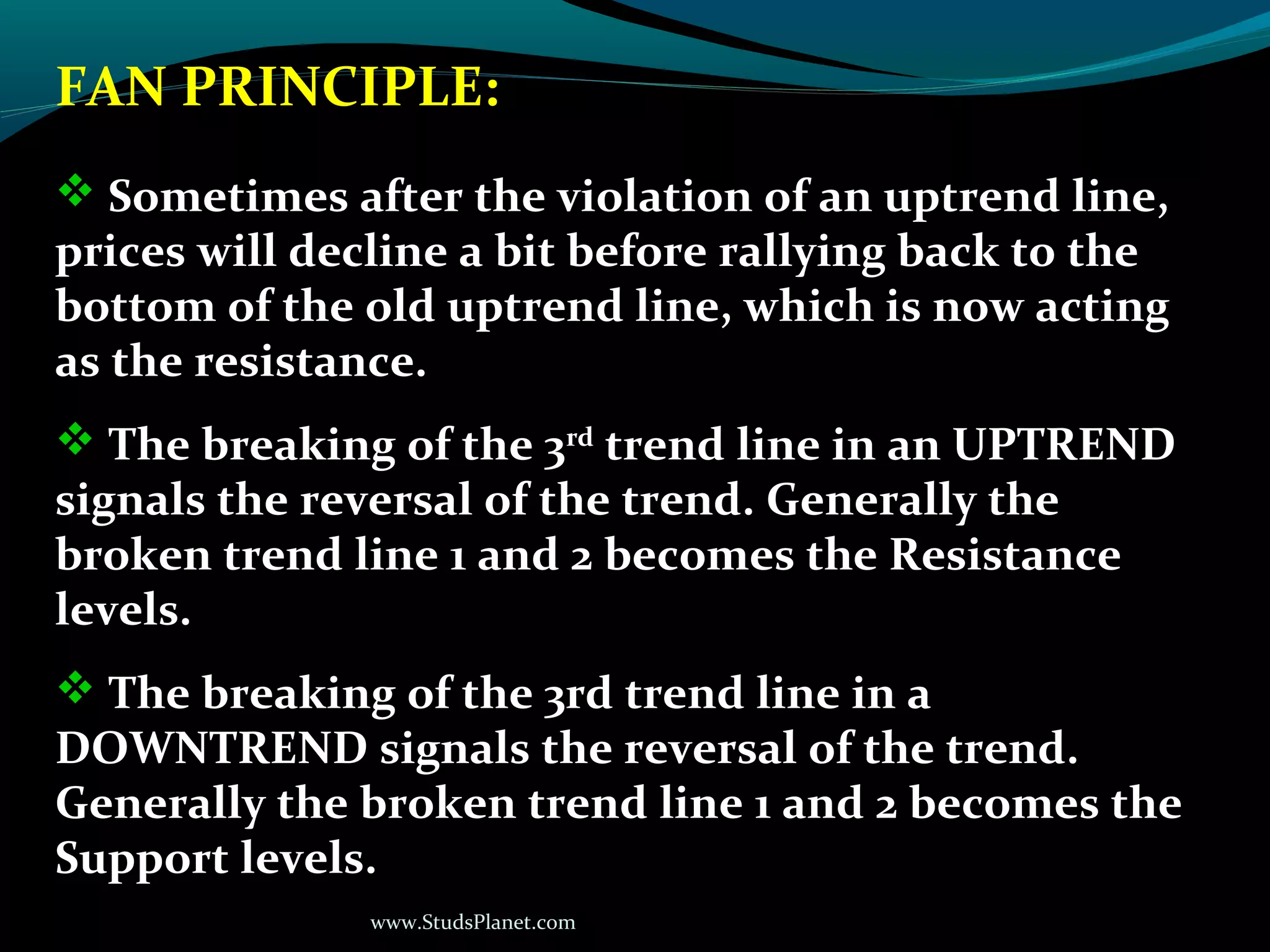 www.StudsPlanet.com
FAN PRINCIPLE:
 Sometimes after the violation of an uptrend line,
prices will decline a bit before rallying back to the
bottom of the old uptrend line, which is now acting
as the resistance.
 The breaking of the 3rd
trend line in an UPTREND
signals the reversal of the trend. Generally the
broken trend line 1 and 2 becomes the Resistance
levels.
 The breaking of the 3rd trend line in a
DOWNTREND signals the reversal of the trend.
Generally the broken trend line 1 and 2 becomes the
Support levels.
 