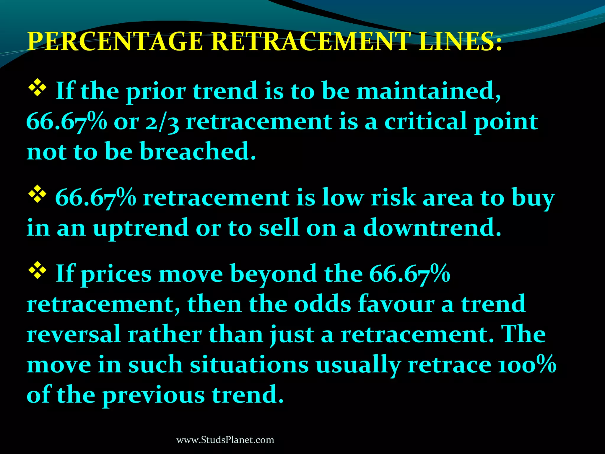 www.StudsPlanet.com
PERCENTAGE RETRACEMENT LINES:
 If the prior trend is to be maintained,
66.67% or 2/3 retracement is a critical point
not to be breached.
 66.67% retracement is low risk area to buy
in an uptrend or to sell on a downtrend.
 If prices move beyond the 66.67%
retracement, then the odds favour a trend
reversal rather than just a retracement. The
move in such situations usually retrace 100%
of the previous trend.
 