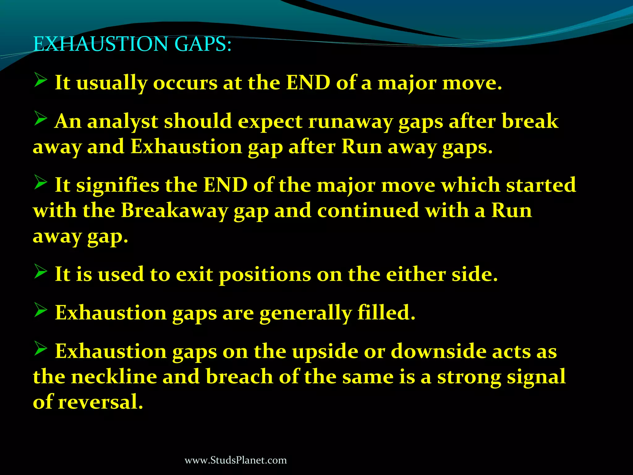 www.StudsPlanet.com
EXHAUSTION GAPS:
 It usually occurs at the END of a major move.
 An analyst should expect runaway gaps after break
away and Exhaustion gap after Run away gaps.
 It signifies the END of the major move which started
with the Breakaway gap and continued with a Run
away gap.
 It is used to exit positions on the either side.
 Exhaustion gaps are generally filled.
 Exhaustion gaps on the upside or downside acts as
the neckline and breach of the same is a strong signal
of reversal.
 