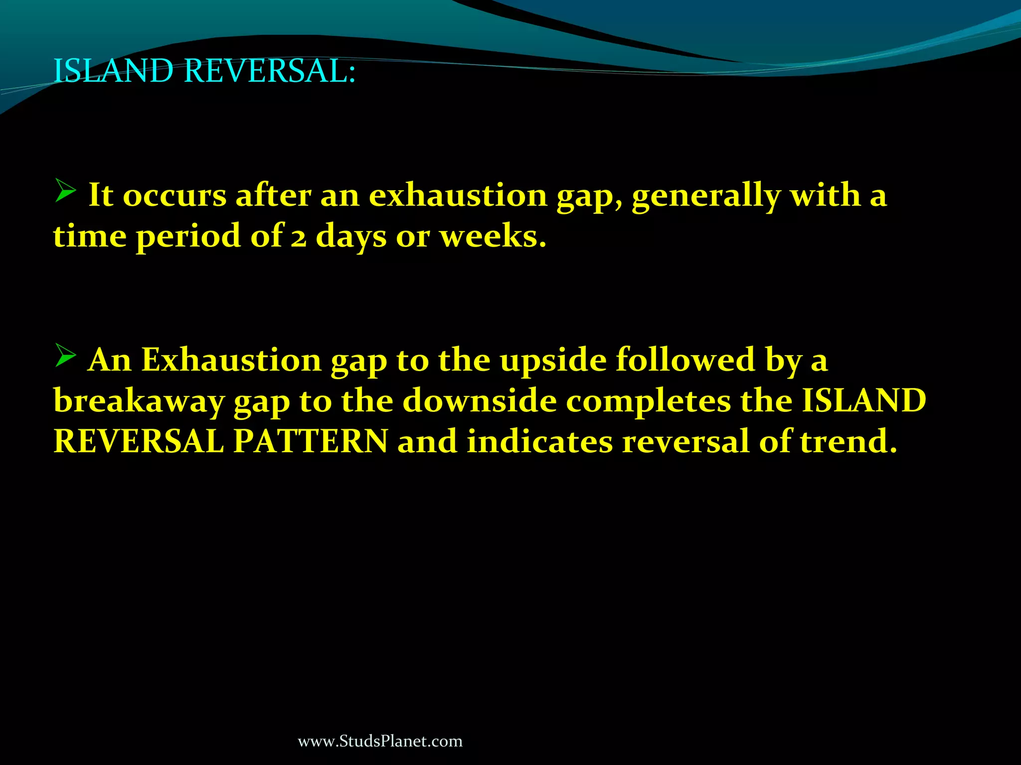 www.StudsPlanet.com
ISLAND REVERSAL:
 It occurs after an exhaustion gap, generally with a
time period of 2 days or weeks.
 An Exhaustion gap to the upside followed by a
breakaway gap to the downside completes the ISLAND
REVERSAL PATTERN and indicates reversal of trend.
 