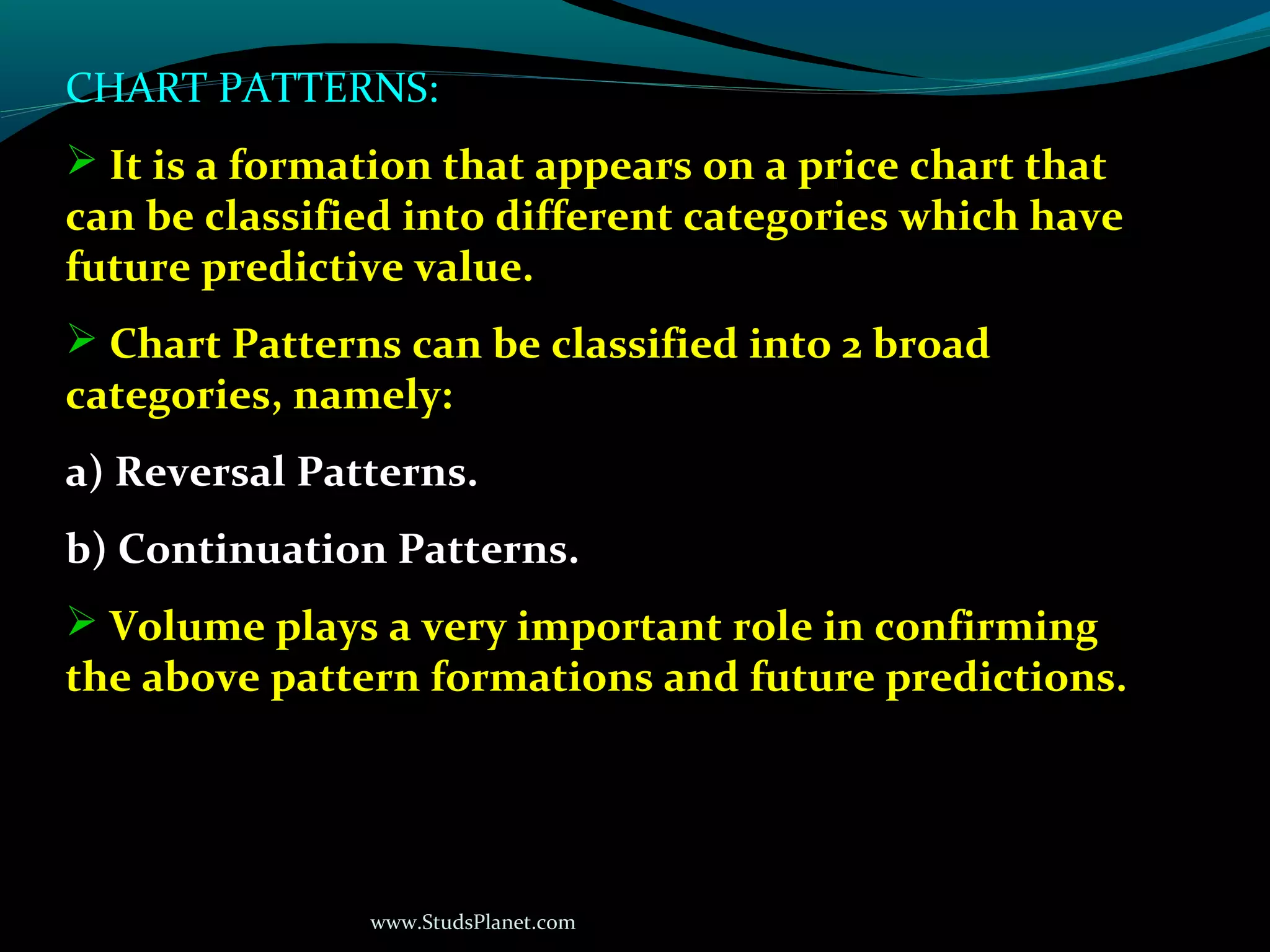 www.StudsPlanet.com
CHART PATTERNS:
 It is a formation that appears on a price chart that
can be classified into different categories which have
future predictive value.
 Chart Patterns can be classified into 2 broad
categories, namely:
a) Reversal Patterns.
b) Continuation Patterns.
 Volume plays a very important role in confirming
the above pattern formations and future predictions.
 