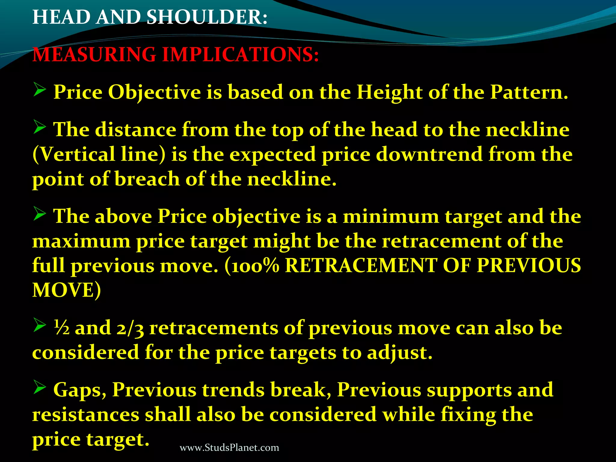www.StudsPlanet.com
HEAD AND SHOULDER:
MEASURING IMPLICATIONS:
 Price Objective is based on the Height of the Pattern.
 The distance from the top of the head to the neckline
(Vertical line) is the expected price downtrend from the
point of breach of the neckline.
 The above Price objective is a minimum target and the
maximum price target might be the retracement of the
full previous move. (100% RETRACEMENT OF PREVIOUS
MOVE)
 ½ and 2/3 retracements of previous move can also be
considered for the price targets to adjust.
 Gaps, Previous trends break, Previous supports and
resistances shall also be considered while fixing the
price target.
 