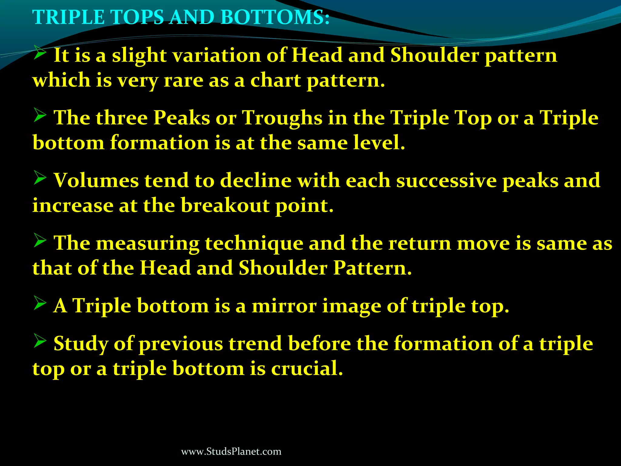 www.StudsPlanet.com
TRIPLE TOPS AND BOTTOMS:
 It is a slight variation of Head and Shoulder pattern
which is very rare as a chart pattern.
 The three Peaks or Troughs in the Triple Top or a Triple
bottom formation is at the same level.
 Volumes tend to decline with each successive peaks and
increase at the breakout point.
 The measuring technique and the return move is same as
that of the Head and Shoulder Pattern.
 A Triple bottom is a mirror image of triple top.
 Study of previous trend before the formation of a triple
top or a triple bottom is crucial.
 