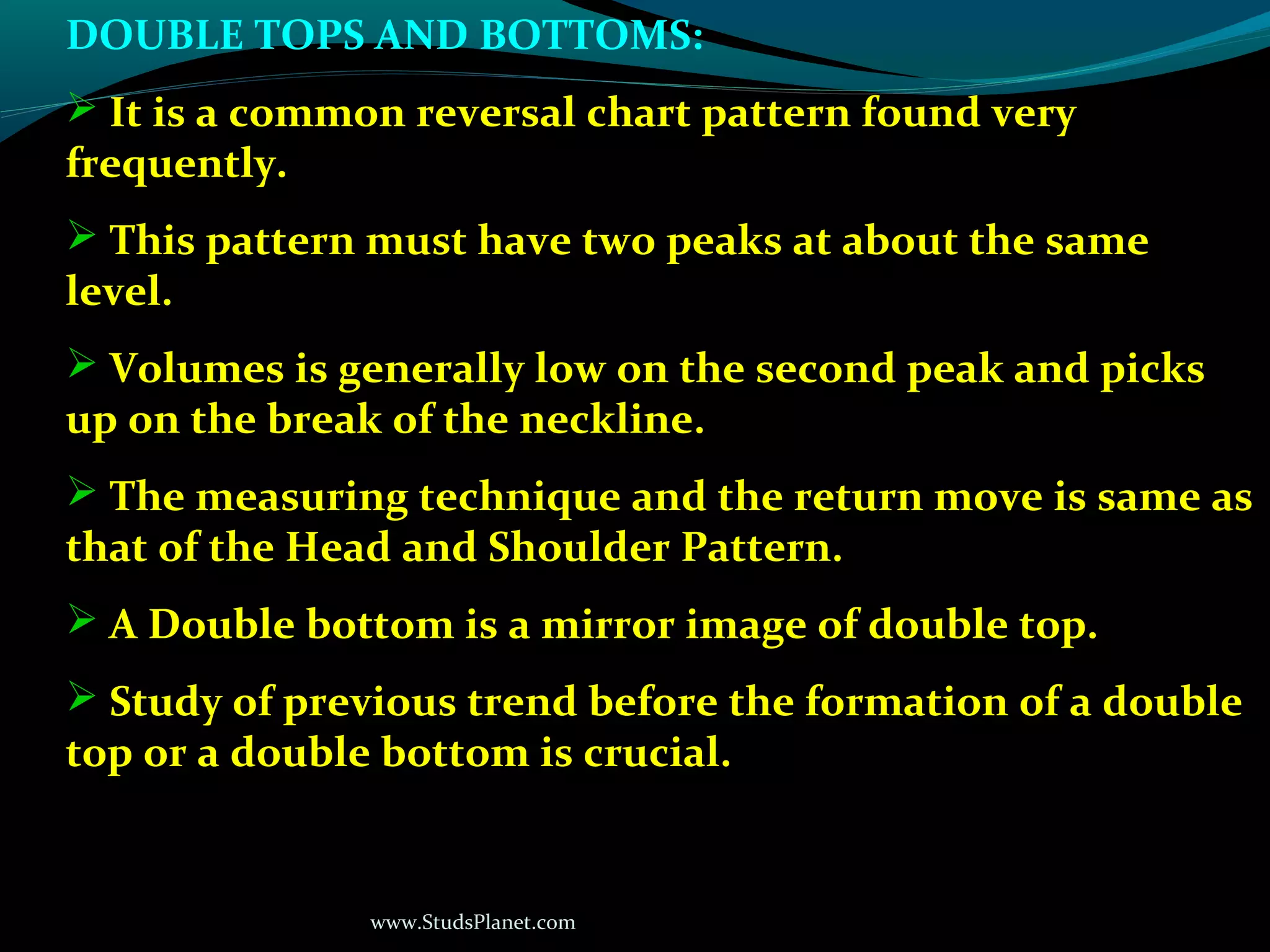 www.StudsPlanet.com
DOUBLE TOPS AND BOTTOMS:
 It is a common reversal chart pattern found very
frequently.
 This pattern must have two peaks at about the same
level.
 Volumes is generally low on the second peak and picks
up on the break of the neckline.
 The measuring technique and the return move is same as
that of the Head and Shoulder Pattern.
 A Double bottom is a mirror image of double top.
 Study of previous trend before the formation of a double
top or a double bottom is crucial.
 
