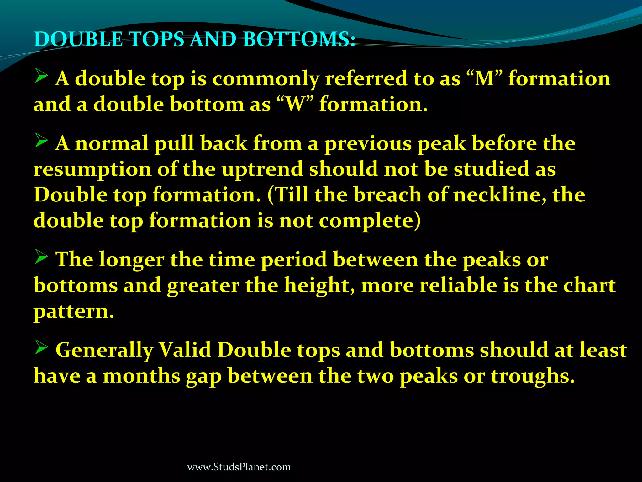 www.StudsPlanet.com
DOUBLE TOPS AND BOTTOMS:
 A double top is commonly referred to as “M” formation
and a double bottom as “W” formation.
 A normal pull back from a previous peak before the
resumption of the uptrend should not be studied as
Double top formation. (Till the breach of neckline, the
double top formation is not complete)
 The longer the time period between the peaks or
bottoms and greater the height, more reliable is the chart
pattern.
 Generally Valid Double tops and bottoms should at least
have a months gap between the two peaks or troughs.
 