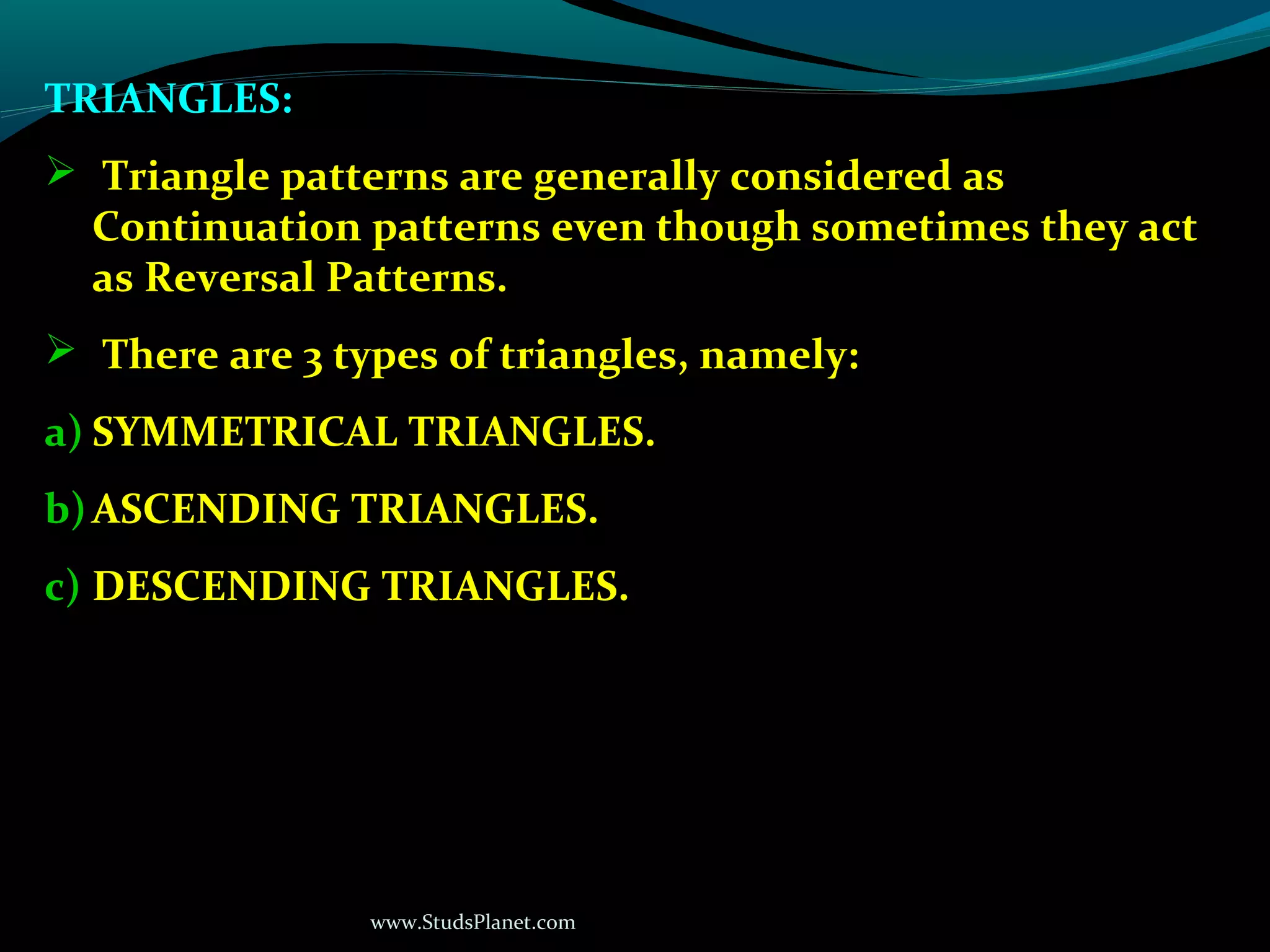 www.StudsPlanet.com
TRIANGLES:
 Triangle patterns are generally considered as
Continuation patterns even though sometimes they act
as Reversal Patterns.
 There are 3 types of triangles, namely:
a) SYMMETRICAL TRIANGLES.
b)ASCENDING TRIANGLES.
c) DESCENDING TRIANGLES.
 