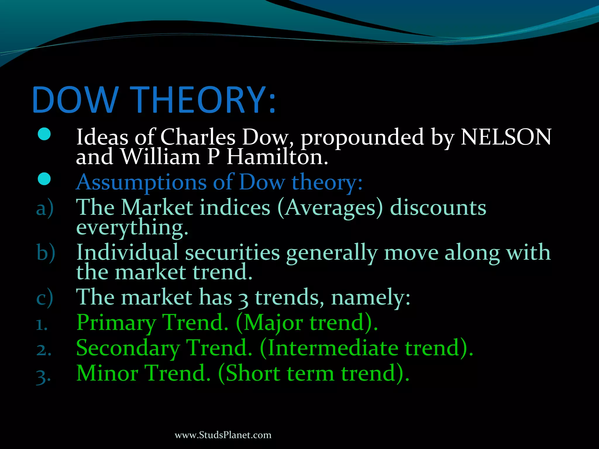 www.StudsPlanet.com
DOW THEORY:
 Ideas of Charles Dow, propounded by NELSON
and William P Hamilton.
 Assumptions of Dow theory:
a) The Market indices (Averages) discounts
everything.
b) Individual securities generally move along with
the market trend.
c) The market has 3 trends, namely:
1. Primary Trend. (Major trend).
2. Secondary Trend. (Intermediate trend).
3. Minor Trend. (Short term trend).
 
