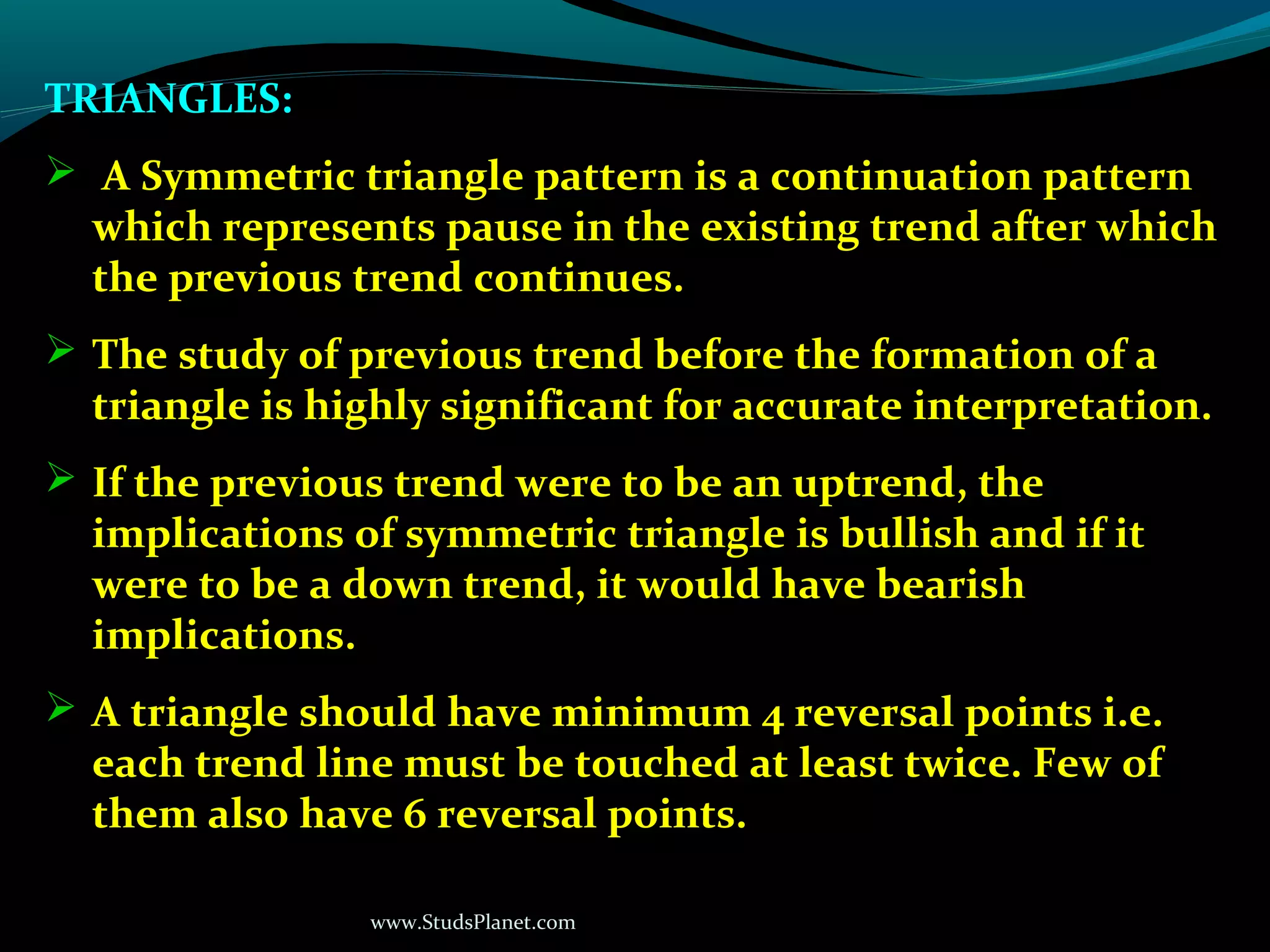 www.StudsPlanet.com
TRIANGLES:
 A Symmetric triangle pattern is a continuation pattern
which represents pause in the existing trend after which
the previous trend continues.
 The study of previous trend before the formation of a
triangle is highly significant for accurate interpretation.
 If the previous trend were to be an uptrend, the
implications of symmetric triangle is bullish and if it
were to be a down trend, it would have bearish
implications.
 A triangle should have minimum 4 reversal points i.e.
each trend line must be touched at least twice. Few of
them also have 6 reversal points.
 