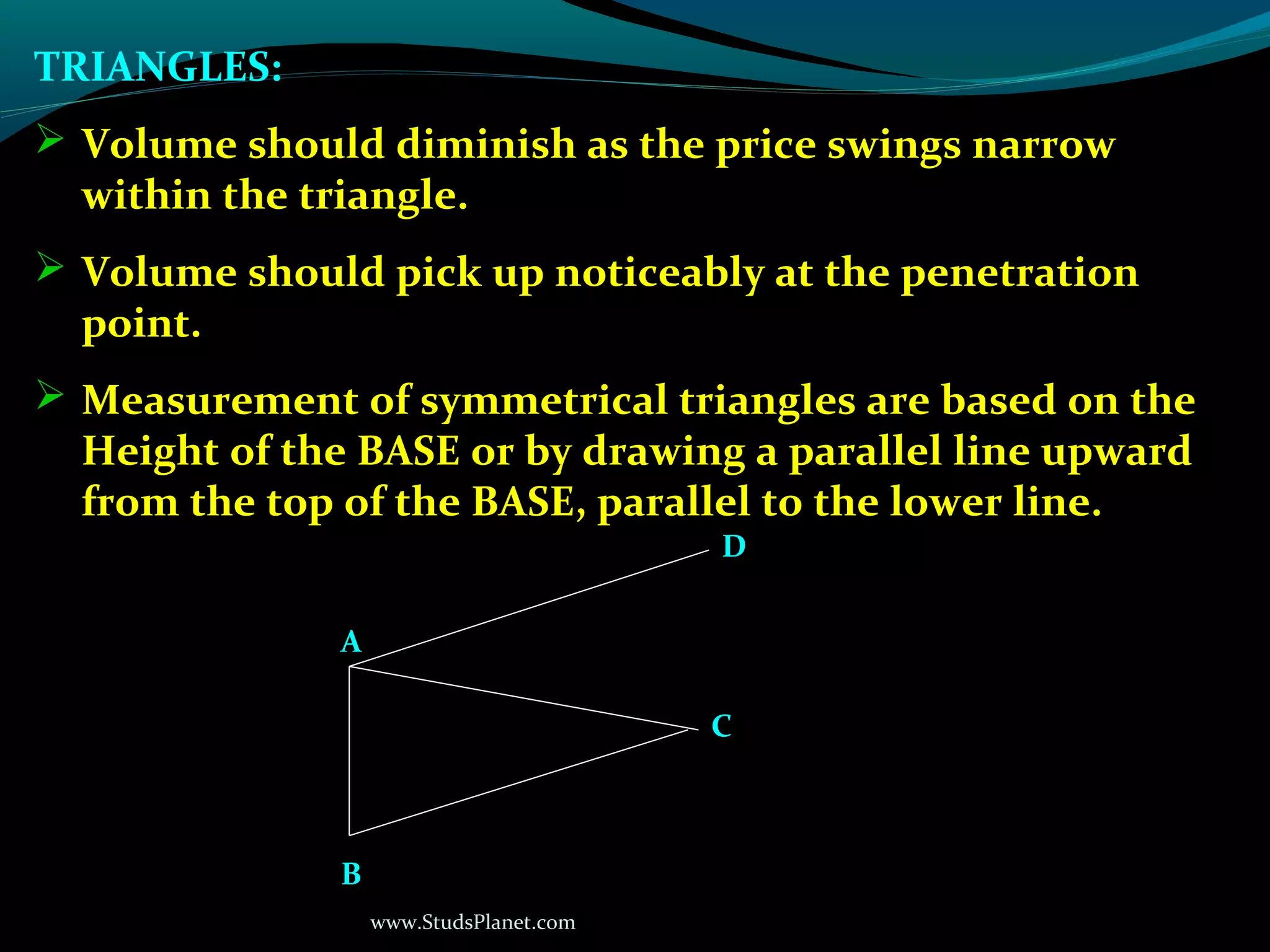 www.StudsPlanet.com
TRIANGLES:
 Volume should diminish as the price swings narrow
within the triangle.
 Volume should pick up noticeably at the penetration
point.
 Measurement of symmetrical triangles are based on the
Height of the BASE or by drawing a parallel line upward
from the top of the BASE, parallel to the lower line.
B
A
C
D
 