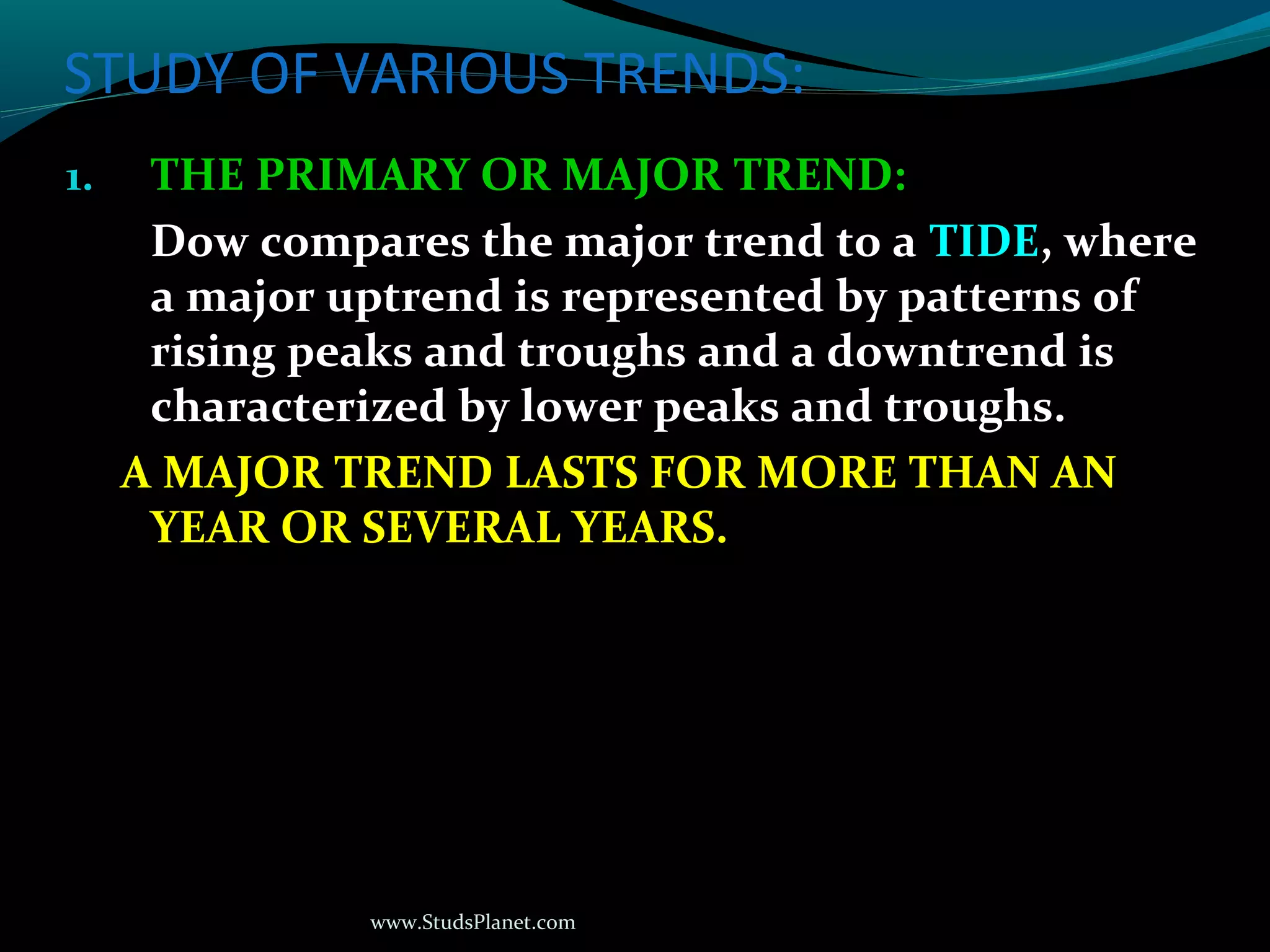 www.StudsPlanet.com
STUDY OF VARIOUS TRENDS:
1. THE PRIMARY OR MAJOR TREND:
Dow compares the major trend to a TIDE, where
a major uptrend is represented by patterns of
rising peaks and troughs and a downtrend is
characterized by lower peaks and troughs.
A MAJOR TREND LASTS FOR MORE THAN AN
YEAR OR SEVERAL YEARS.
 
