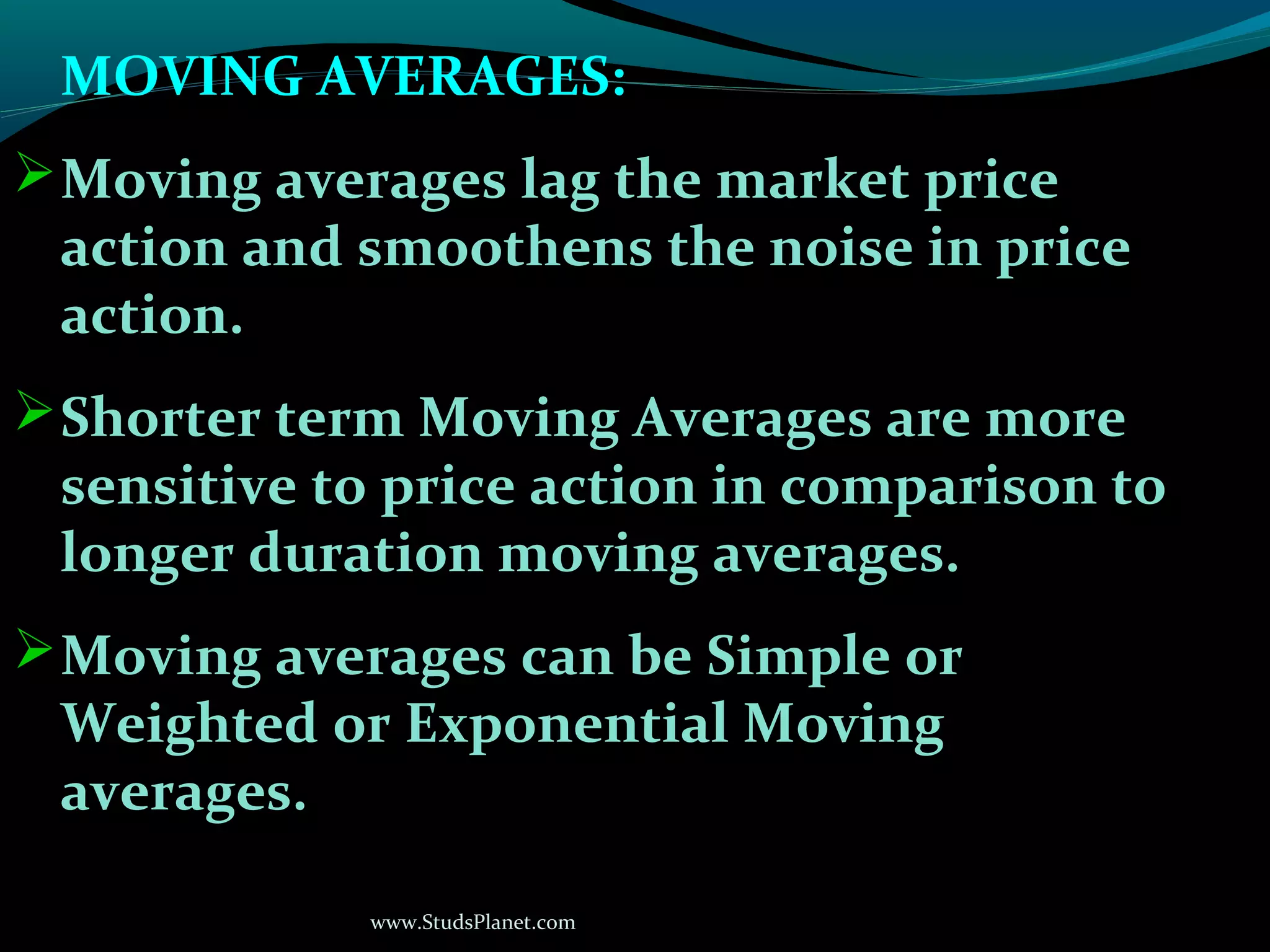 www.StudsPlanet.com
MOVING AVERAGES:
Moving averages lag the market price
action and smoothens the noise in price
action.
Shorter term Moving Averages are more
sensitive to price action in comparison to
longer duration moving averages.
Moving averages can be Simple or
Weighted or Exponential Moving
averages.
 