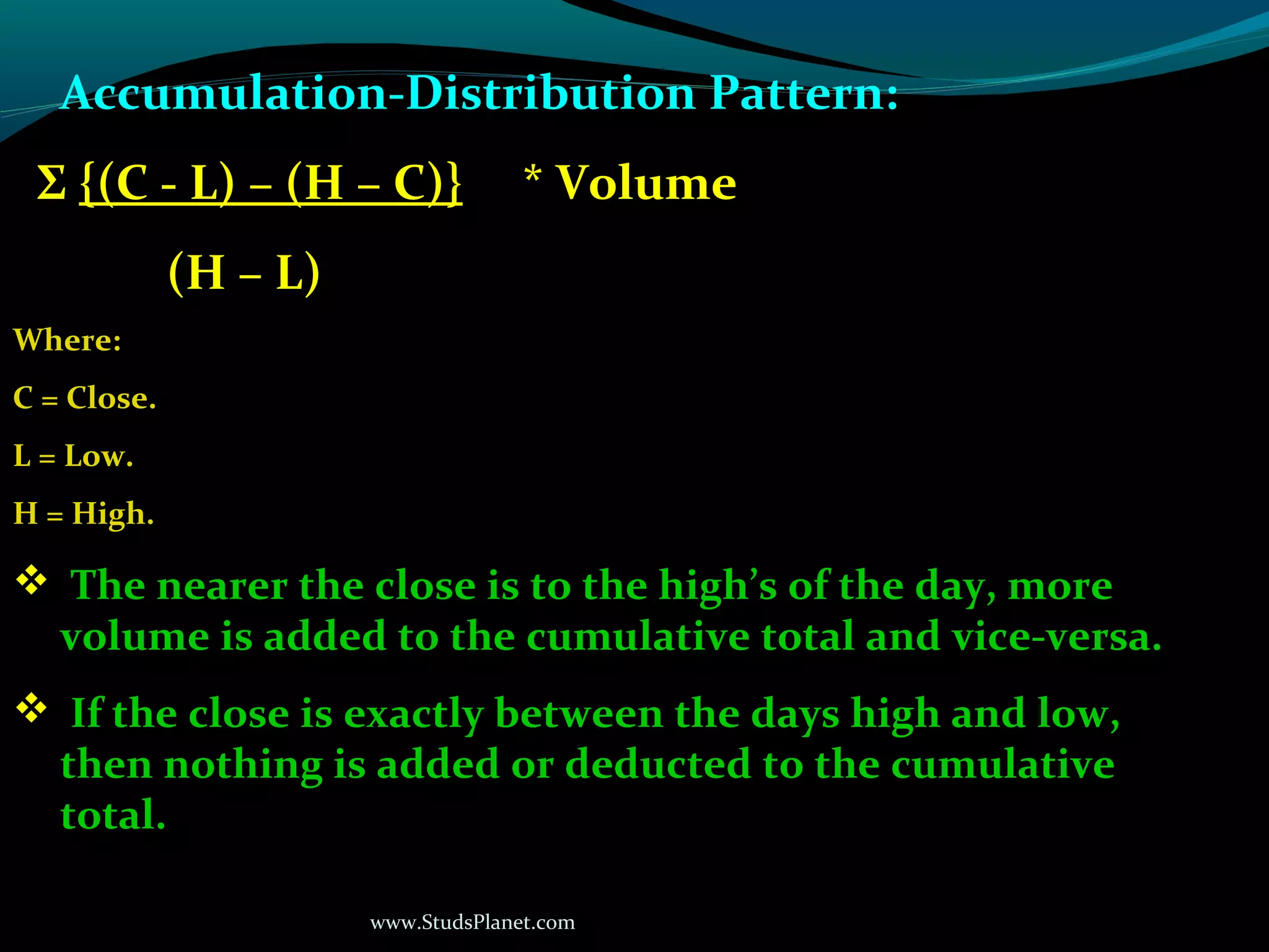 www.StudsPlanet.com
Accumulation-Distribution Pattern:
Σ {(C - L) – (H – C)} * Volume
(H – L)
Where:
C = Close.
L = Low.
H = High.
 The nearer the close is to the high’s of the day, more
volume is added to the cumulative total and vice-versa.
 If the close is exactly between the days high and low,
then nothing is added or deducted to the cumulative
total.
 