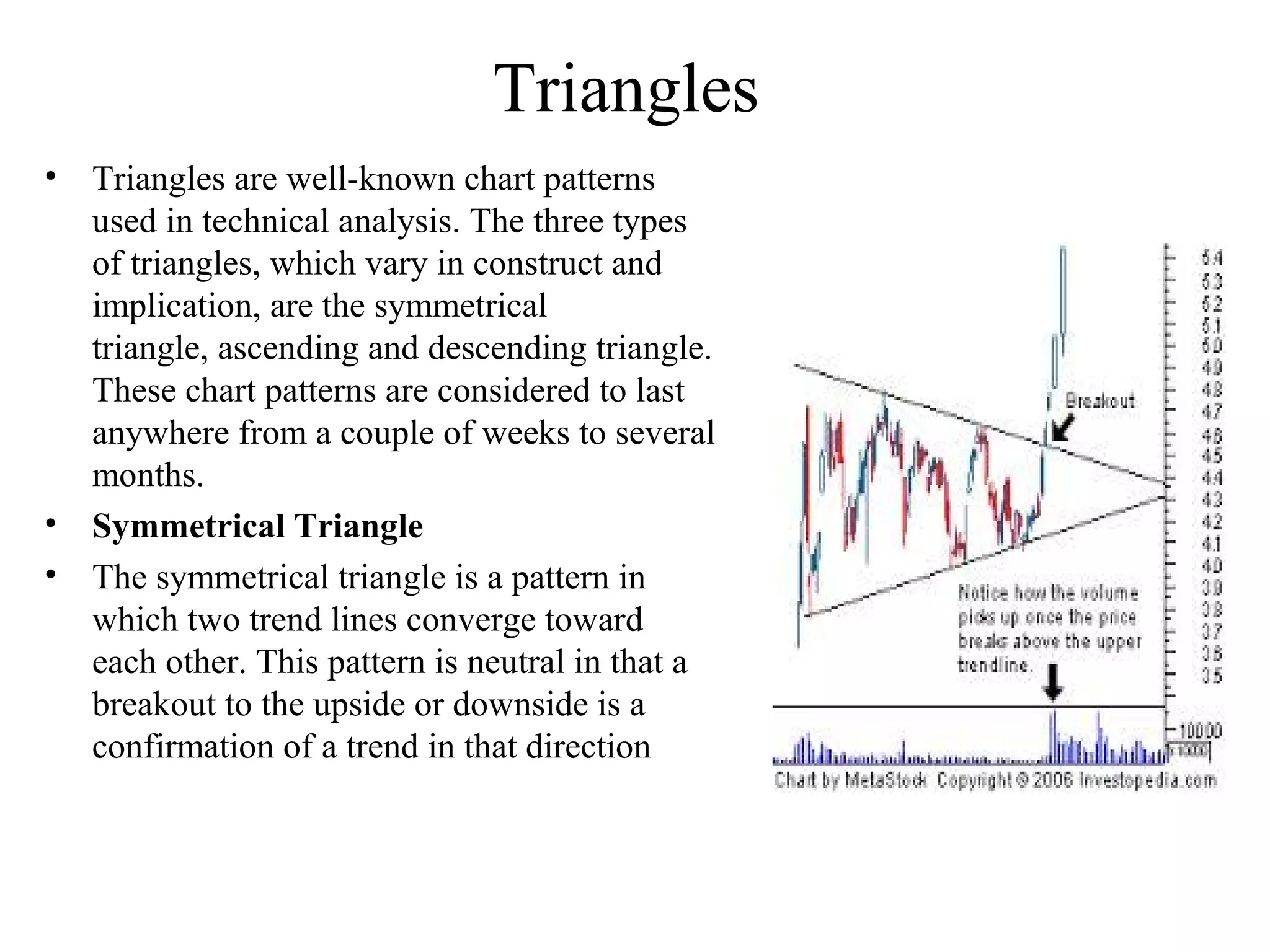 Triangles
• Triangles are well-known chart patterns
used in technical analysis. The three types
of triangles, which vary in construct and
implication, are the symmetrical
triangle, ascending and descending triangle.
These chart patterns are considered to last
anywhere from a couple of weeks to several
months.
• Symmetrical Triangle
• The symmetrical triangle is a pattern in
which two trend lines converge toward
each other. This pattern is neutral in that a
breakout to the upside or downside is a
confirmation of a trend in that direction
 