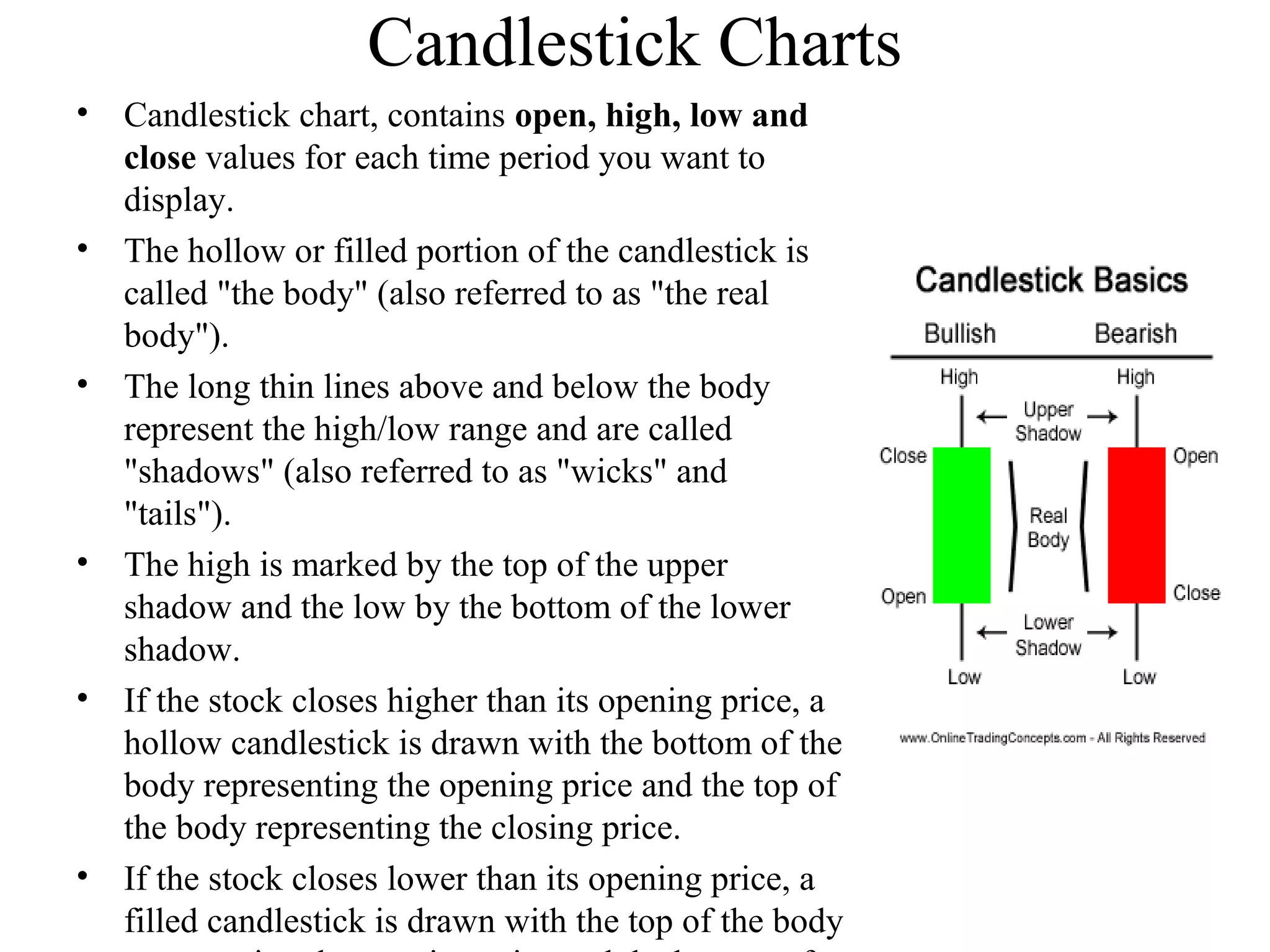 Candlestick Charts
• Candlestick chart, contains open, high, low and
close values for each time period you want to
display.
• The hollow or filled portion of the candlestick is
called "the body" (also referred to as "the real
body").
• The long thin lines above and below the body
represent the high/low range and are called
"shadows" (also referred to as "wicks" and
"tails").
• The high is marked by the top of the upper
shadow and the low by the bottom of the lower
shadow.
• If the stock closes higher than its opening price, a
hollow candlestick is drawn with the bottom of the
body representing the opening price and the top of
the body representing the closing price.
• If the stock closes lower than its opening price, a
filled candlestick is drawn with the top of the body
 