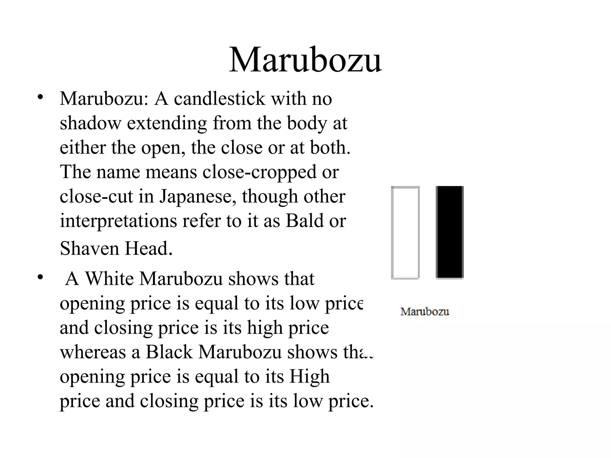 Marubozu
• Marubozu: A candlestick with no
shadow extending from the body at
either the open, the close or at both.
The name means close-cropped or
close-cut in Japanese, though other
interpretations refer to it as Bald or
Shaven Head.
• A White Marubozu shows that
opening price is equal to its low price
and closing price is its high price
whereas a Black Marubozu shows that
opening price is equal to its High
price and closing price is its low price.
 