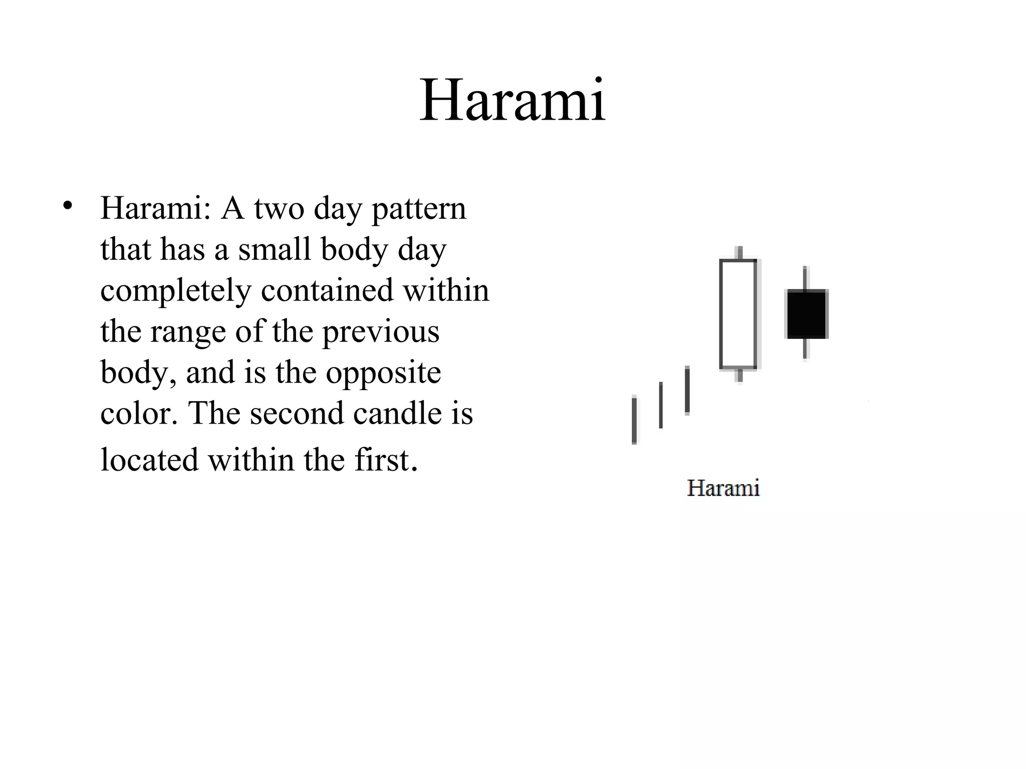 Harami
• Harami: A two day pattern
that has a small body day
completely contained within
the range of the previous
body, and is the opposite
color. The second candle is
located within the first.
 