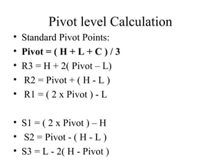 Pivot level Calculation
• Standard Pivot Points:
• Pivot = ( H + L + C ) / 3
• R3 = H + 2( Pivot – L)
• R2 = Pivot + ( H - L )
• R1 = ( 2 x Pivot ) - L
• S1 = ( 2 x Pivot ) – H
• S2 = Pivot - ( H - L )
• S3 = L - 2( H - Pivot )
 