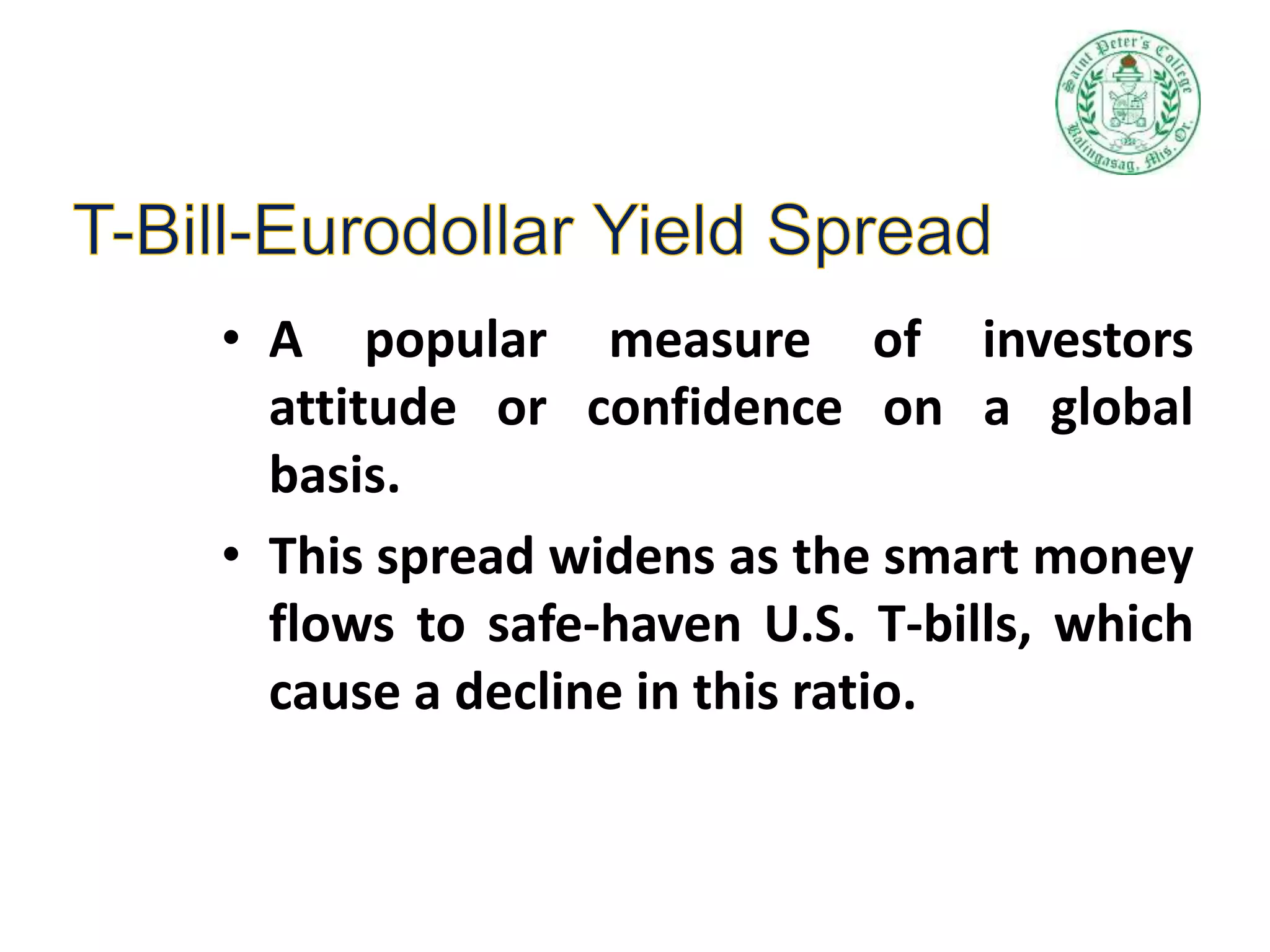 • A popular measure of investors
attitude or confidence on a global
basis.
• This spread widens as the smart money
flows to safe-haven U.S. T-bills, which
cause a decline in this ratio.
 