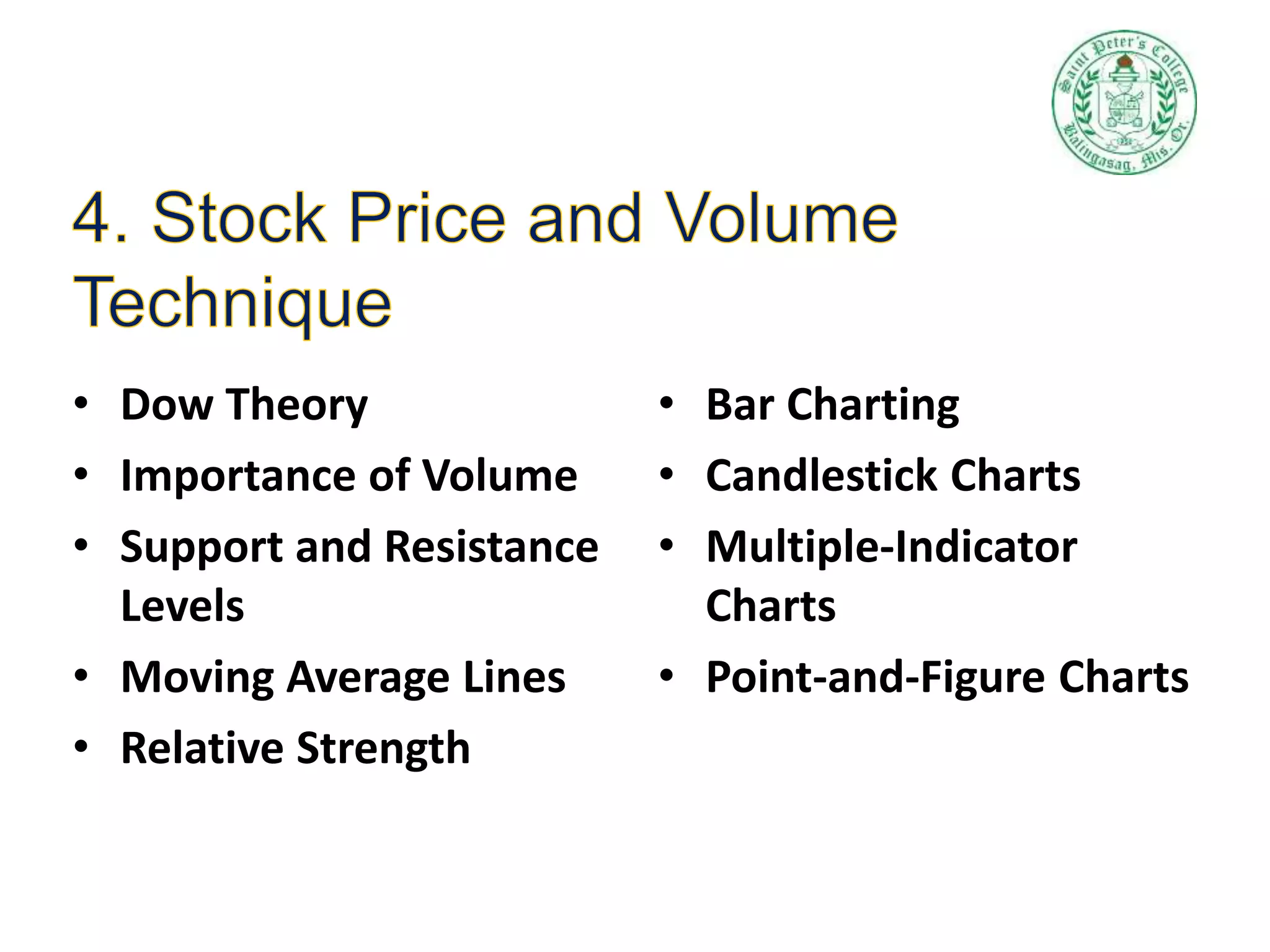 • Dow Theory
• Importance of Volume
• Support and Resistance
Levels
• Moving Average Lines
• Relative Strength
• Bar Charting
• Candlestick Charts
• Multiple-Indicator
Charts
• Point-and-Figure Charts
 
