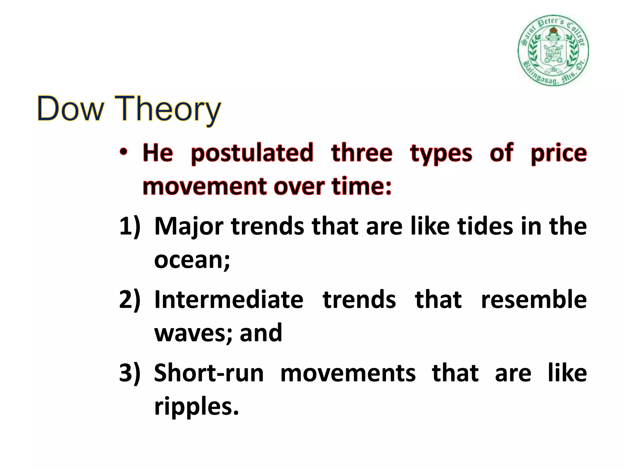 1) Major trends that are like tides in the
ocean;
2) Intermediate trends that resemble
waves; and
3) Short-run movements that are like
ripples.
 