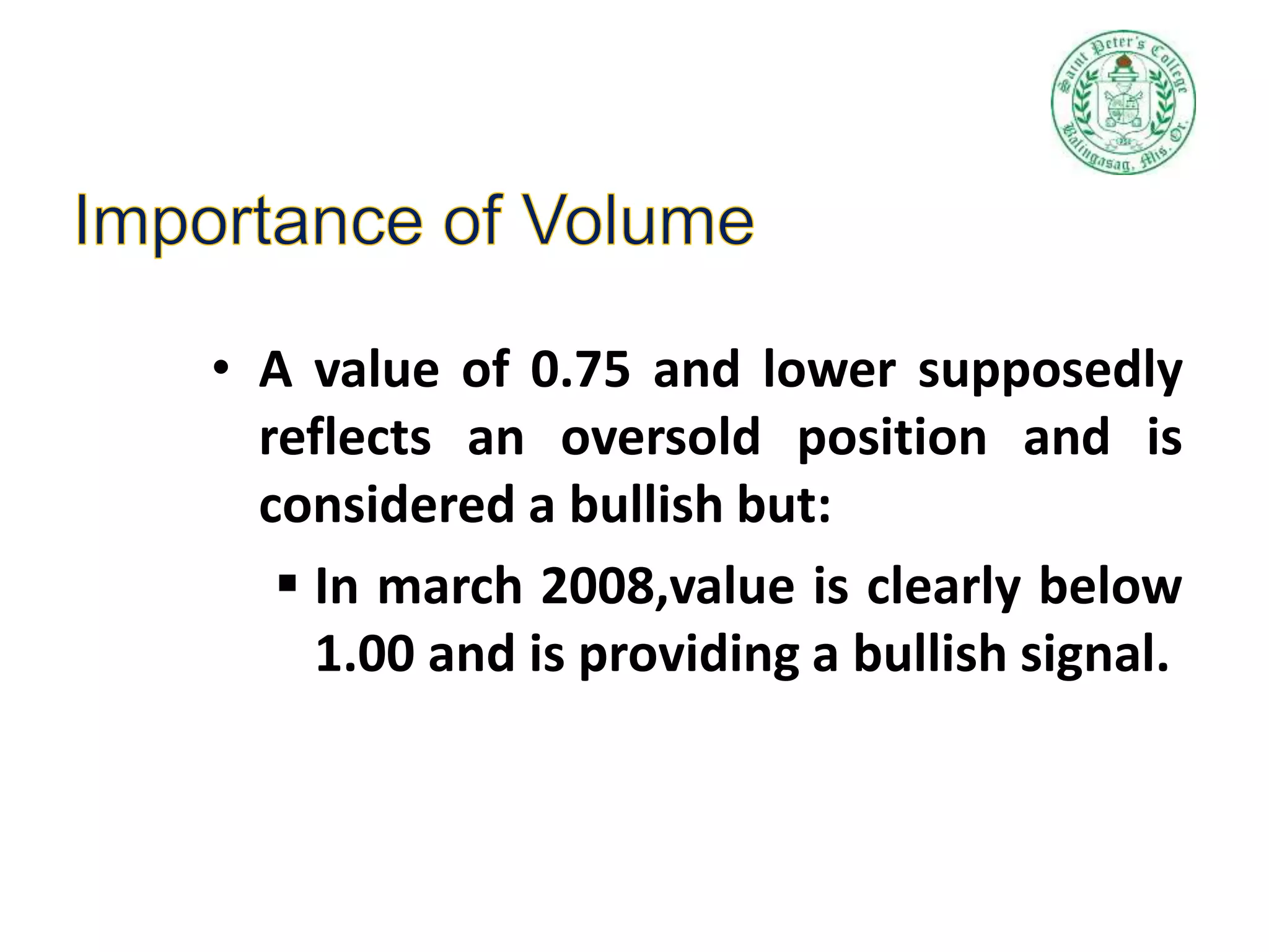 • A value of 0.75 and lower supposedly
reflects an oversold position and is
considered a bullish but:
 In march 2008,value is clearly below
1.00 and is providing a bullish signal.
 