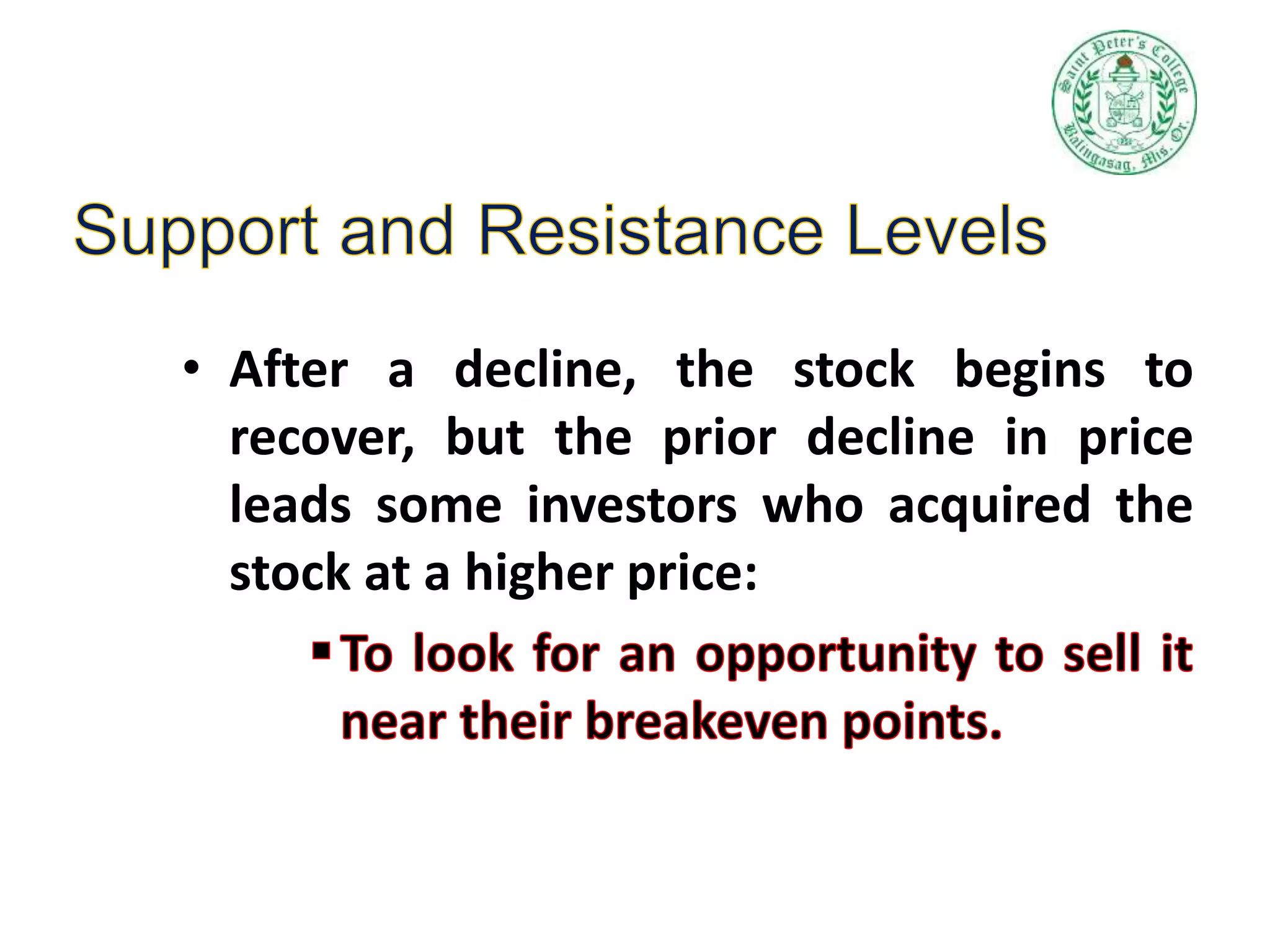 • After a decline, the stock begins to
recover, but the prior decline in price
leads some investors who acquired the
stock at a higher price:
 